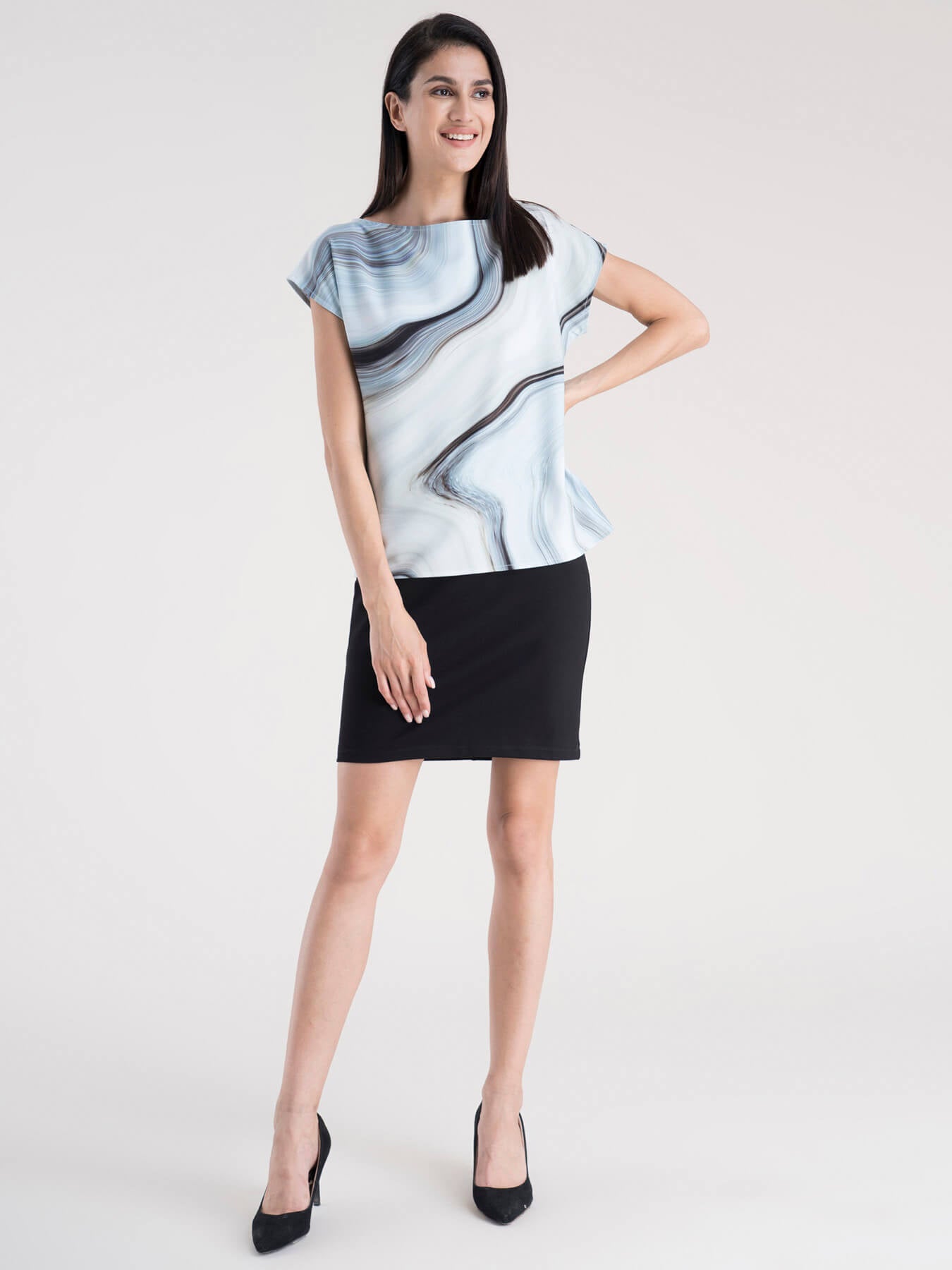 Marble Print Drop Shoulder Top - Light Blue