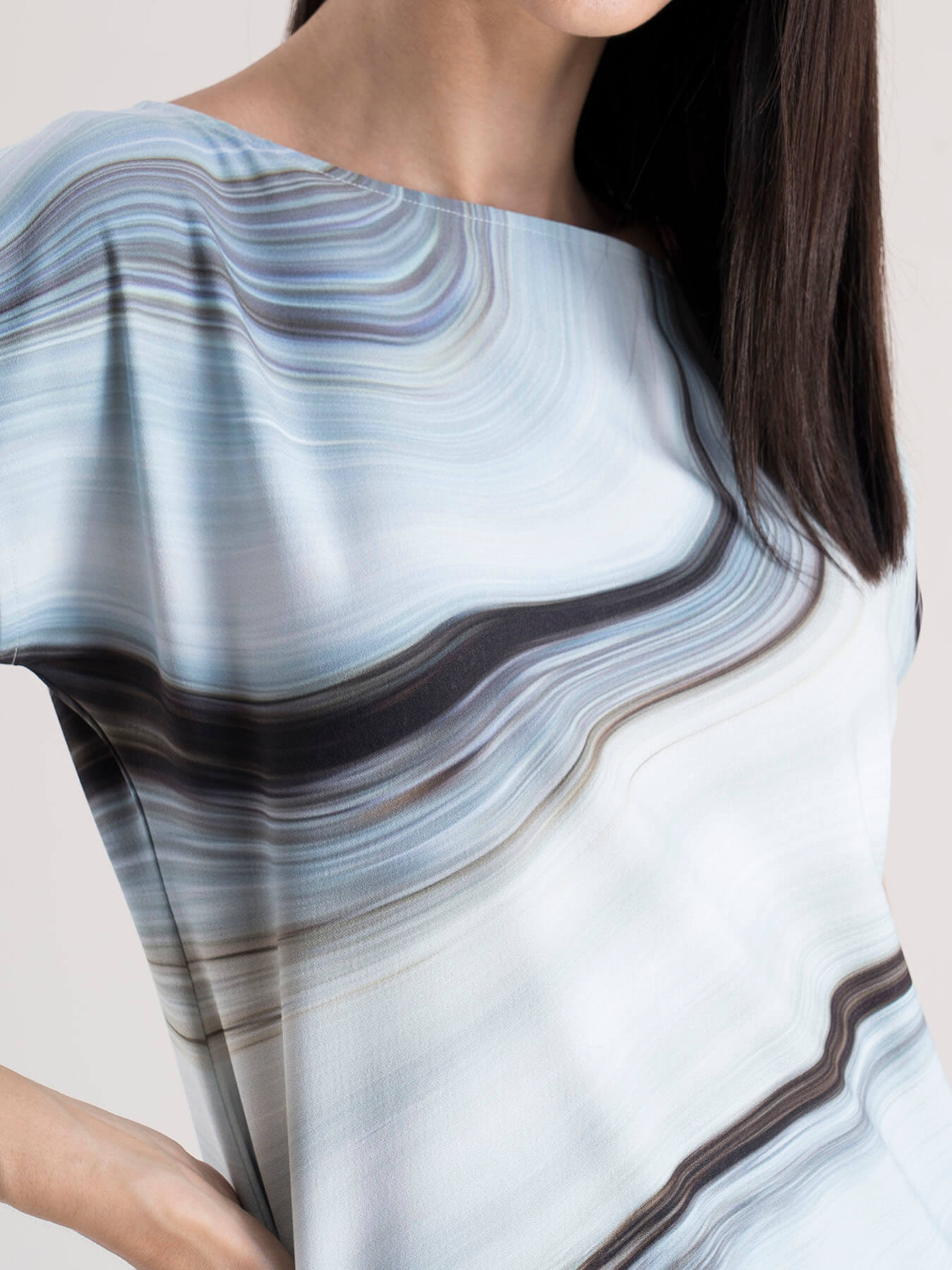 Marble Print Drop Shoulder Top - Light Blue