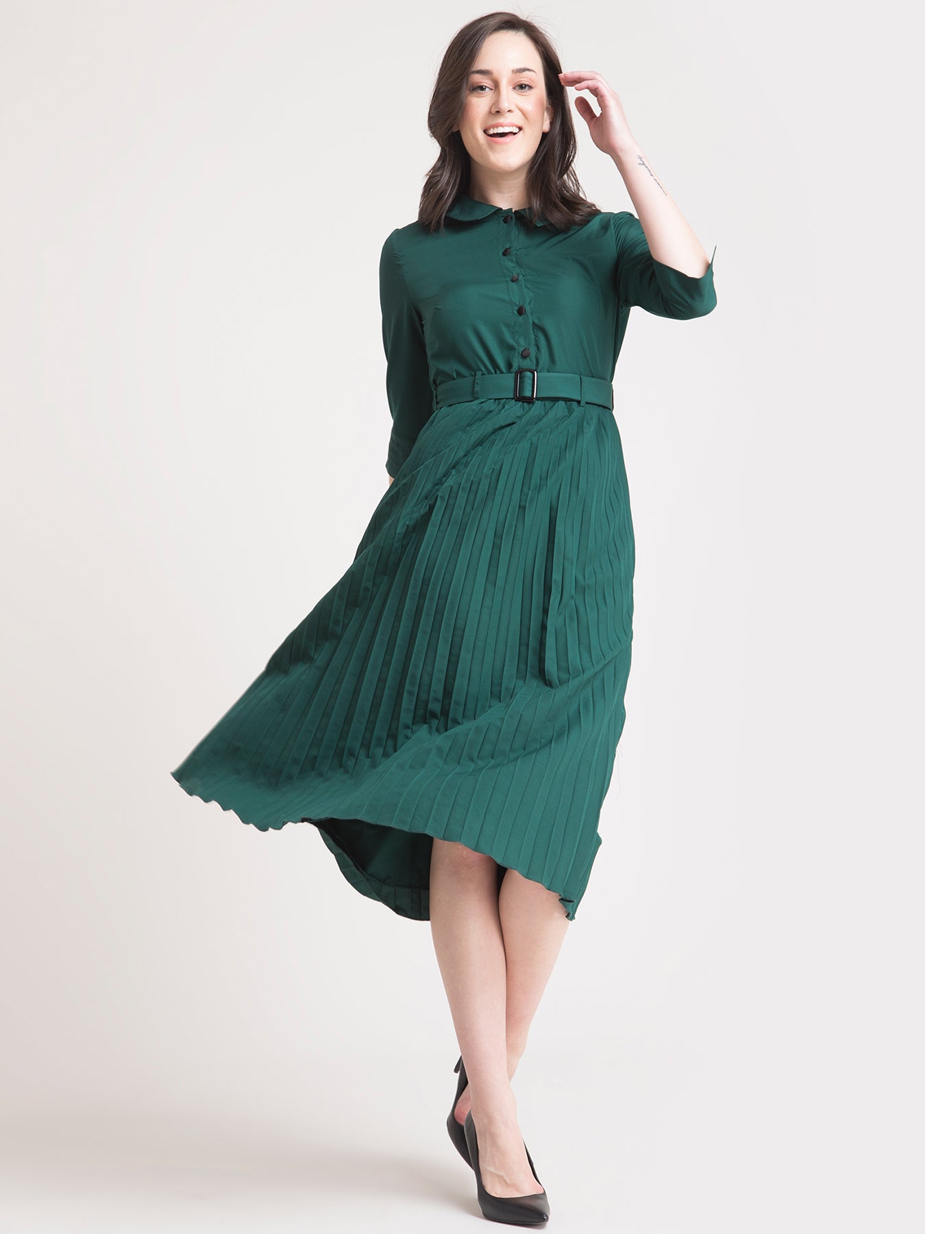 Peter Pan Collar Pleated A Line Dress - Green| Formal Dresses