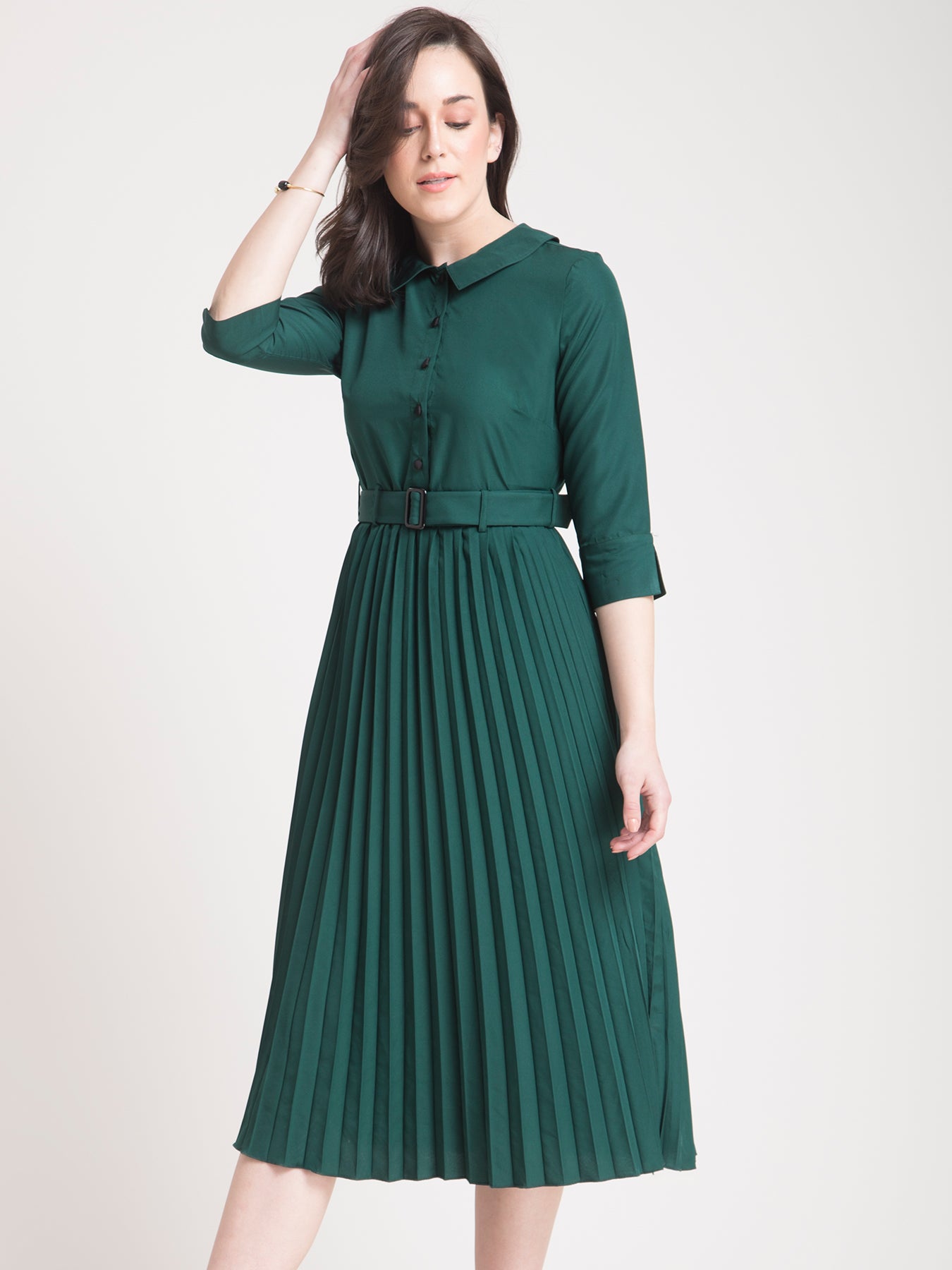 Peter Pan Collar Pleated A Line Dress - Green| Formal Dresses