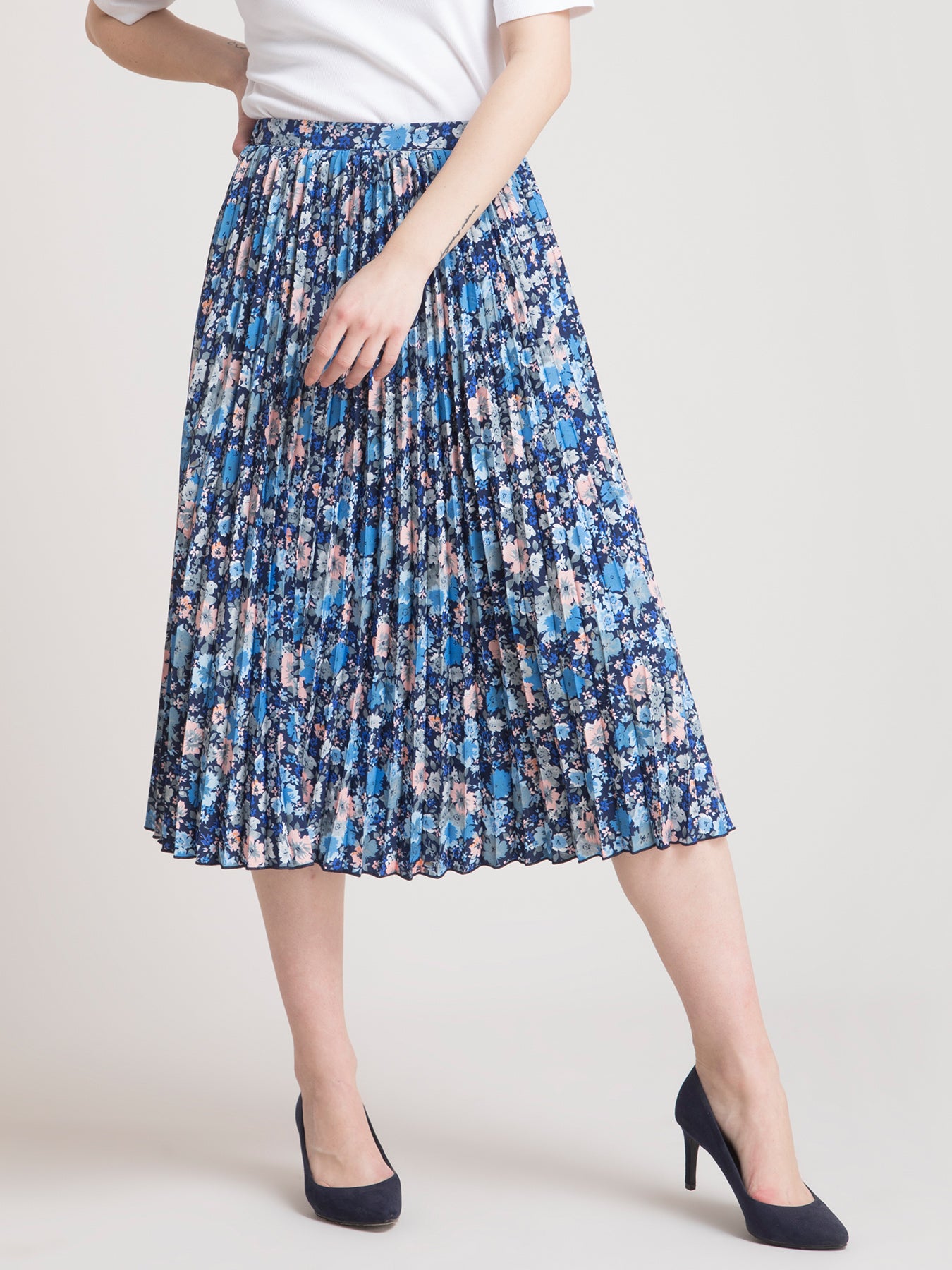 Pleated Flared Floral Midi Skirt - Blue| Formal Skirts