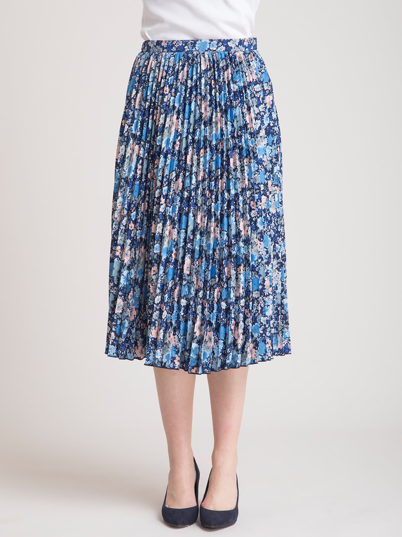 Pleated Flared Floral Midi Skirt - Blue| Formal Skirts