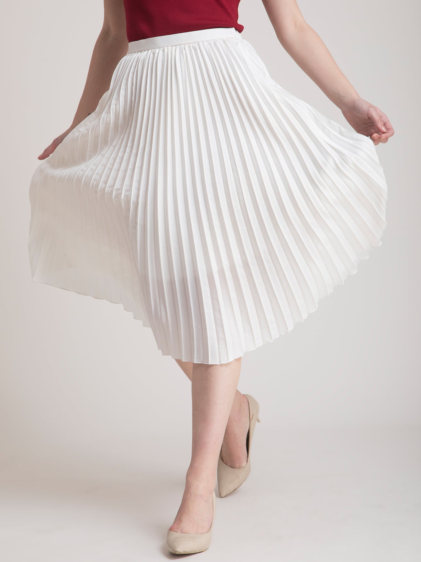 Pleated Flared Midi Skirt - White| Formal Skirts