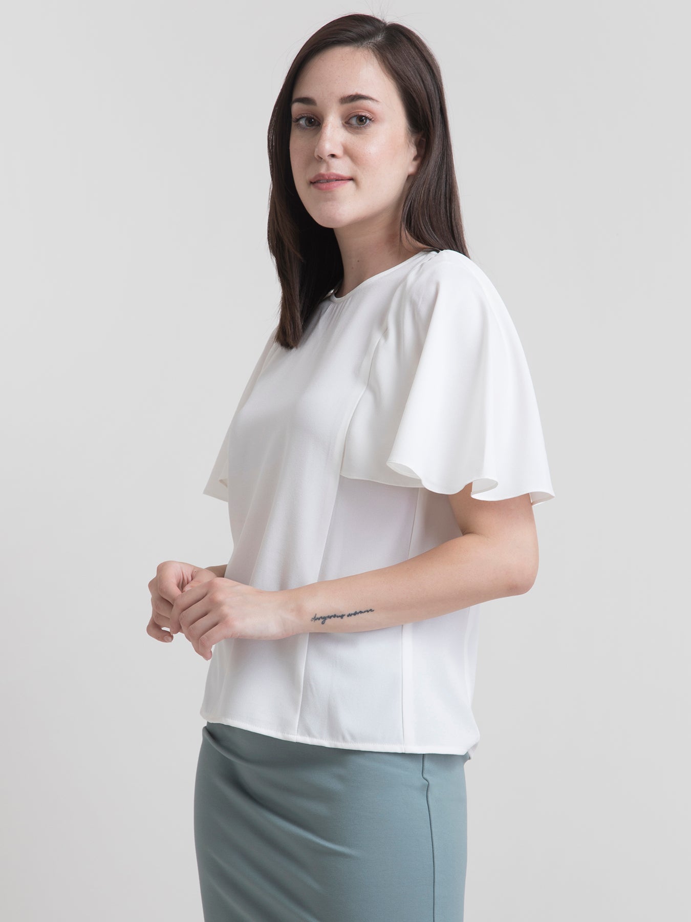 Round Neck Cape Sleeve Top - White