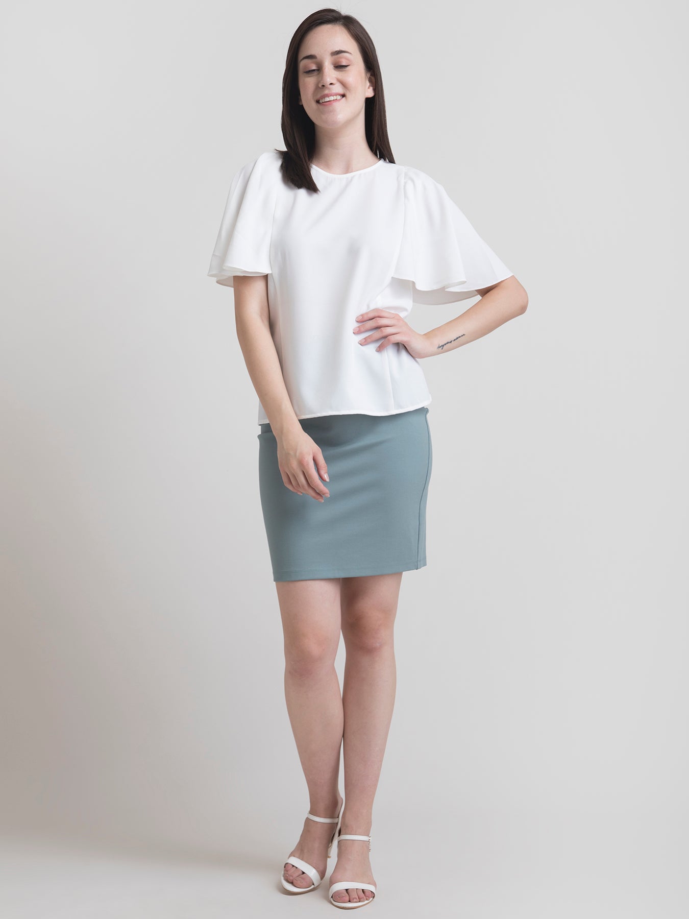 Round Neck Cape Sleeve Top - White