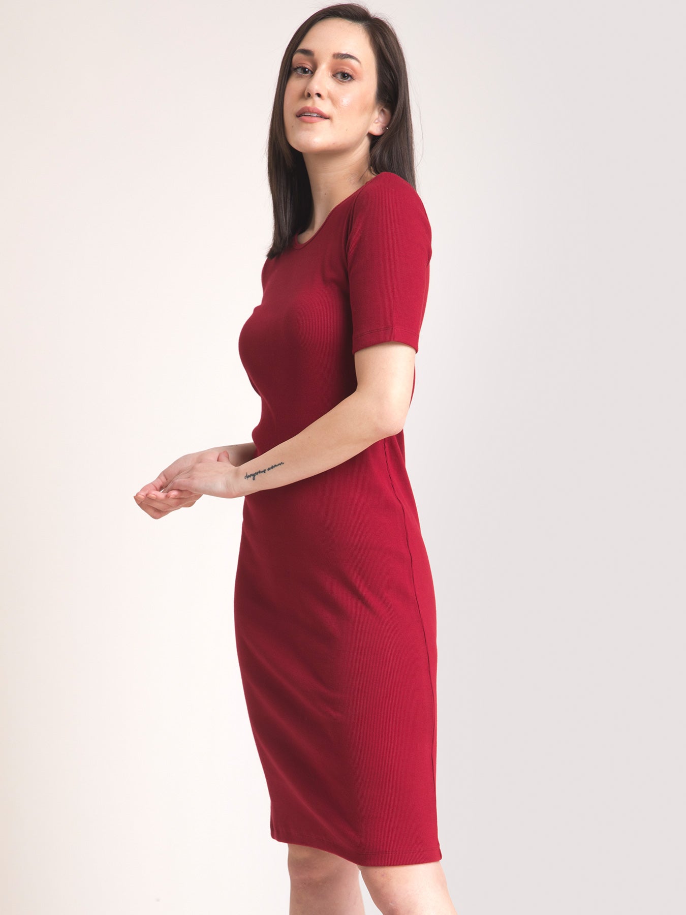 Stretchable Round Neck LivIn Dress - Maroon| Formal Dresses