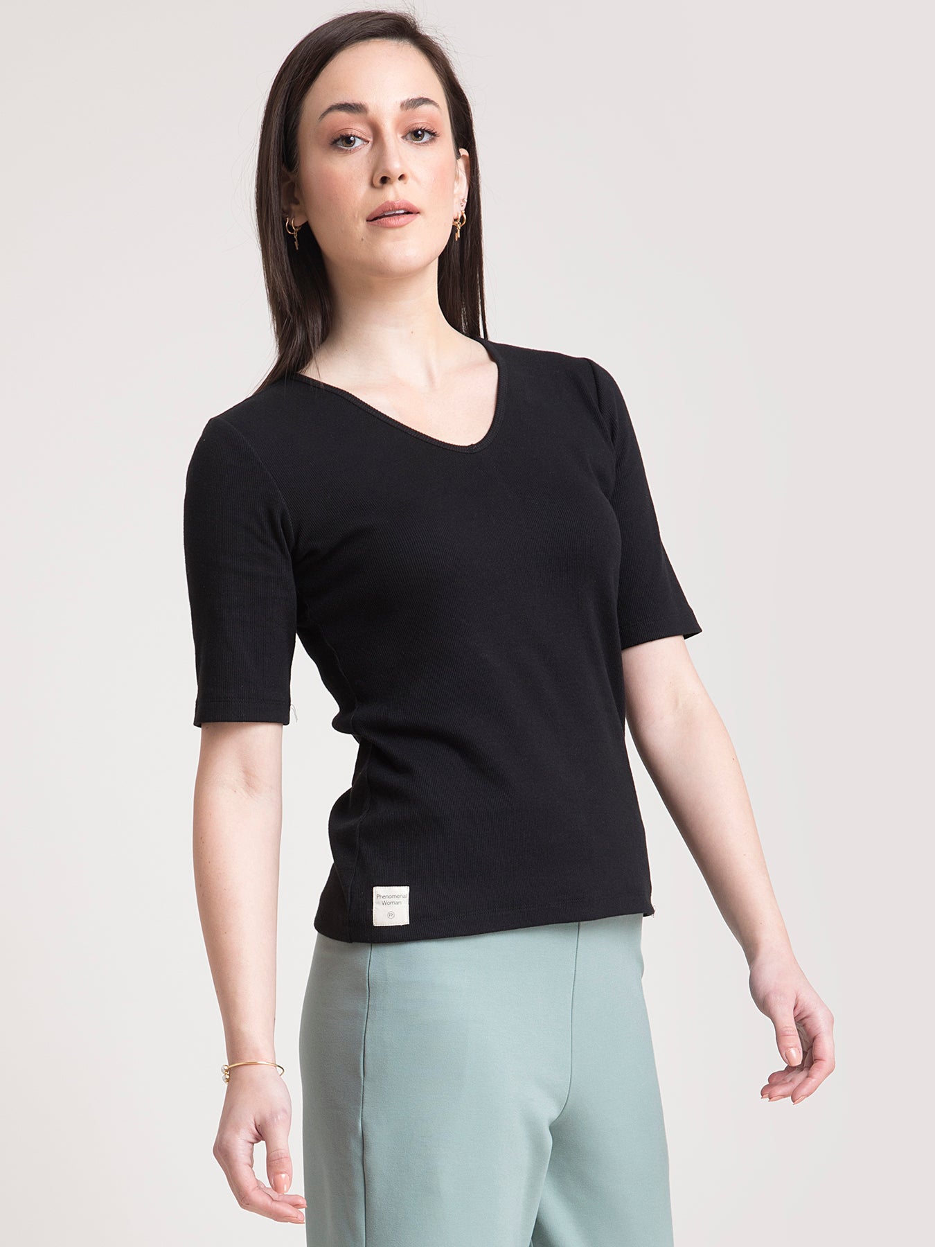 Stretchable V Neck LivIn T Shirt - Black