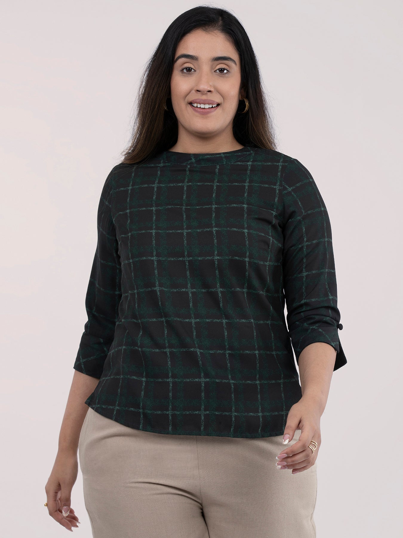 High Round Neck Printed Plaid Top - Black and Green| Formal Tops