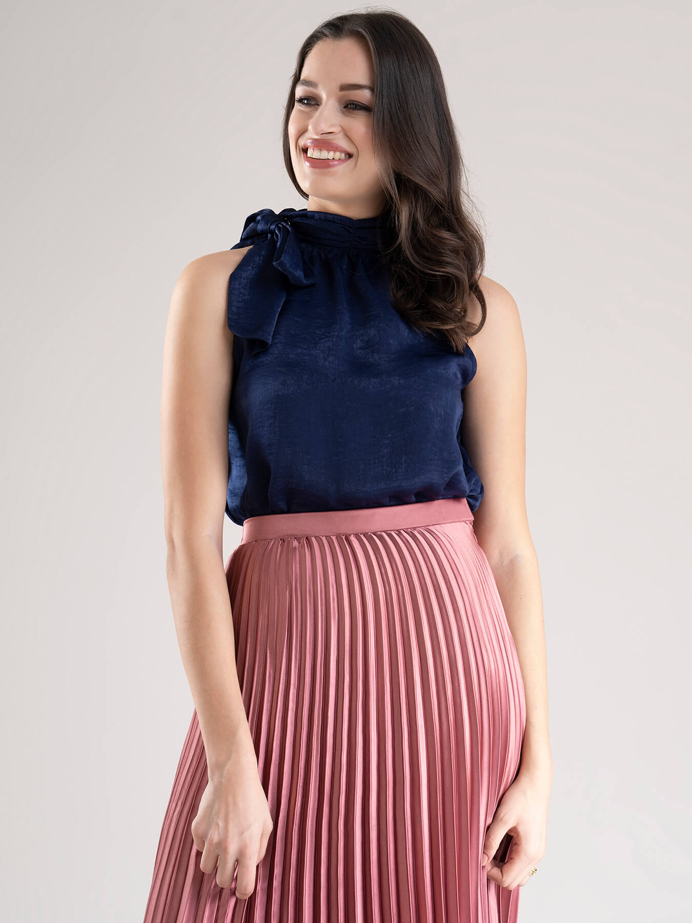 Satin Two-Way Tie Up Top - Navy Blue| Formal Tops