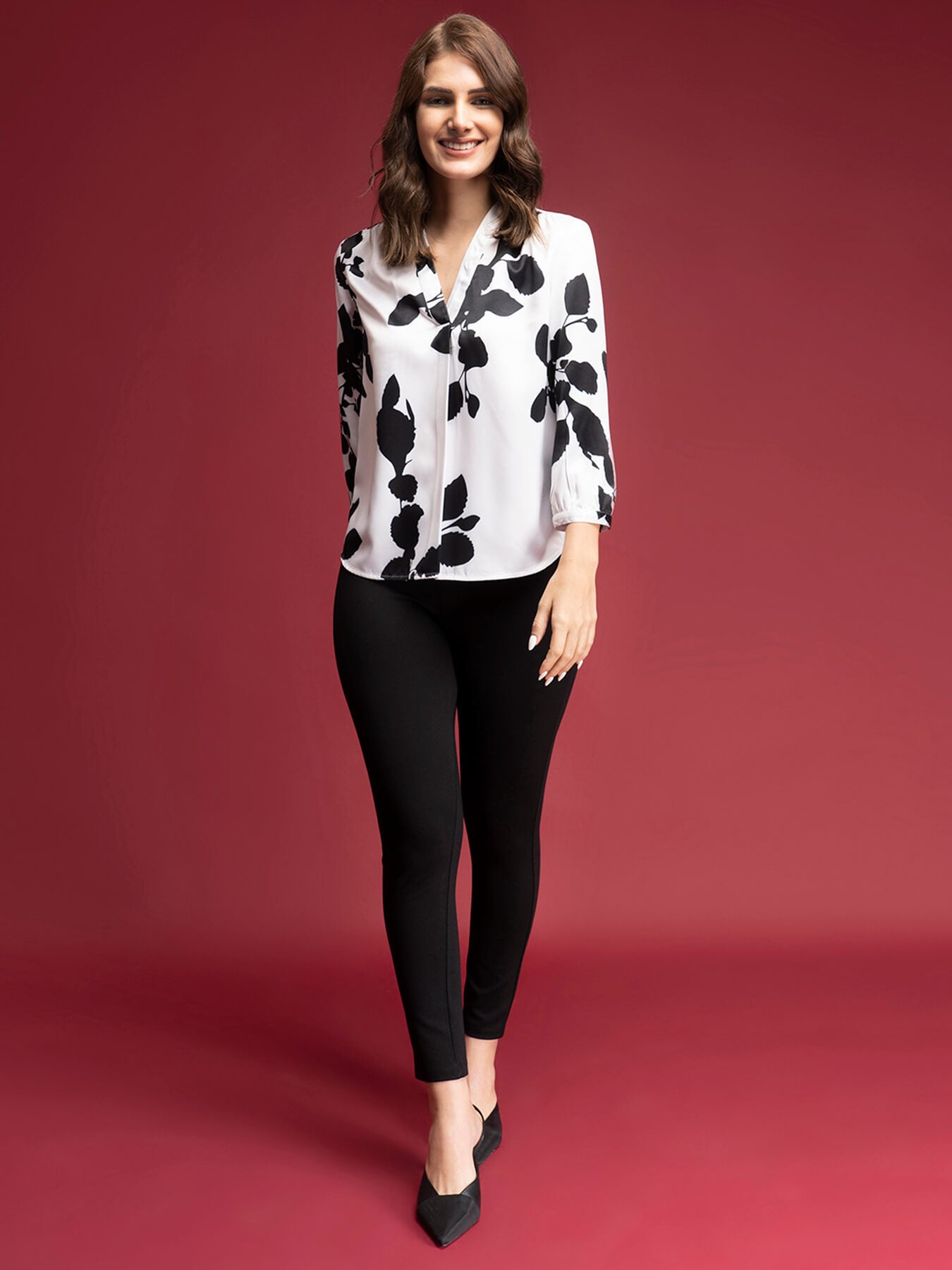 Satin Floral Print Top - White And Black| Formal Tops