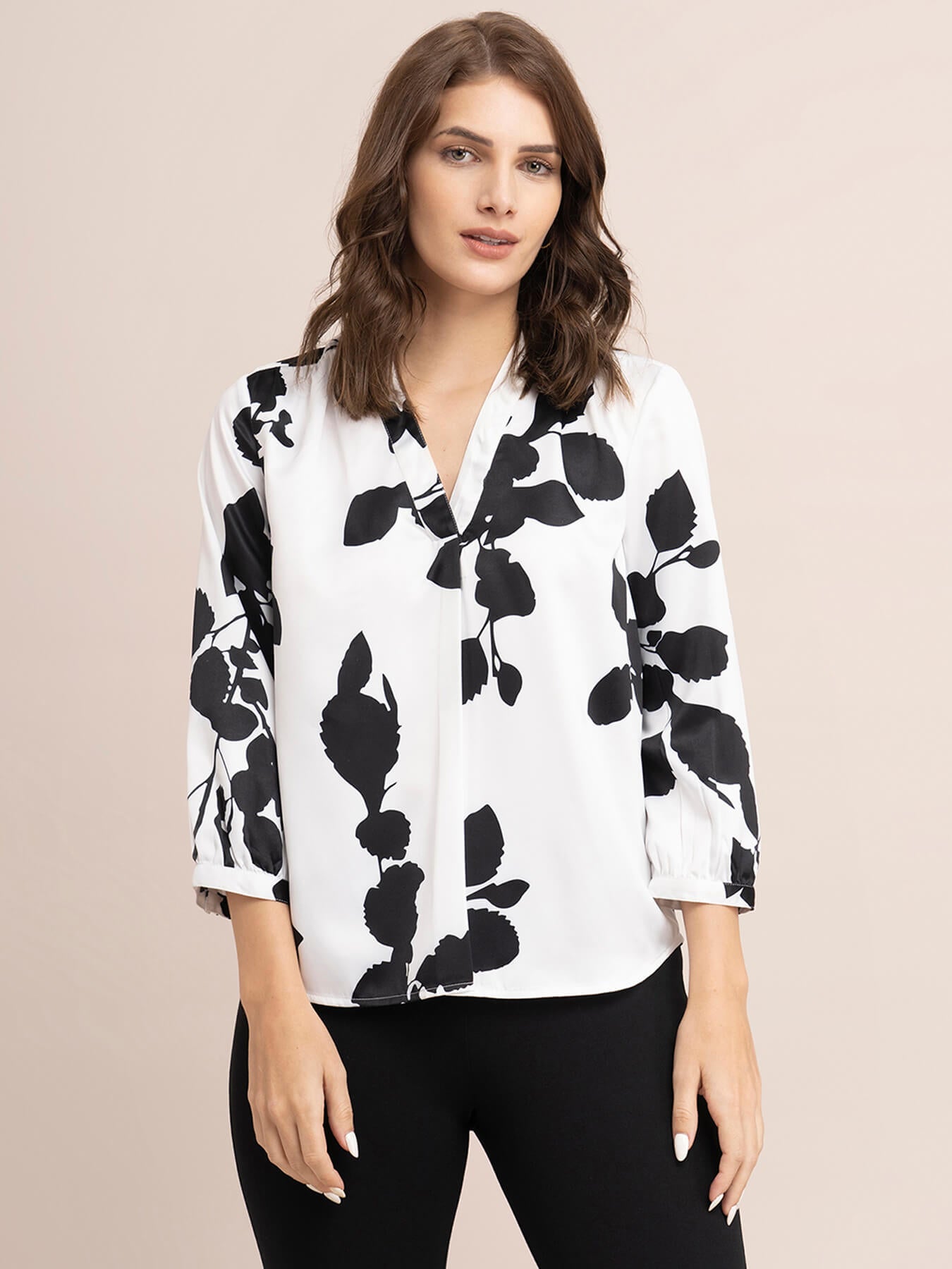Satin Floral Print Top - White And Black| Formal Tops