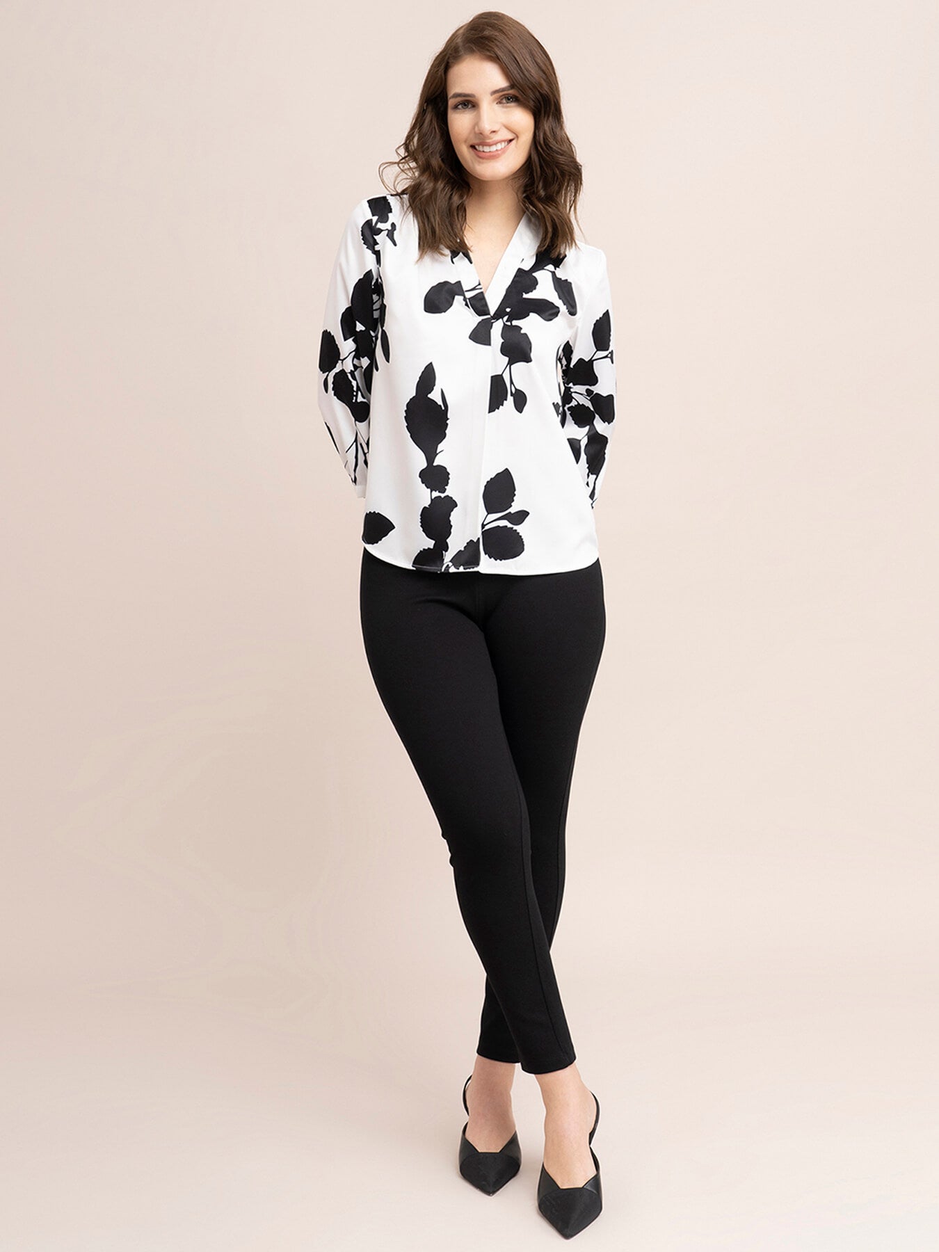 Satin Floral Print Top - White And Black| Formal Tops