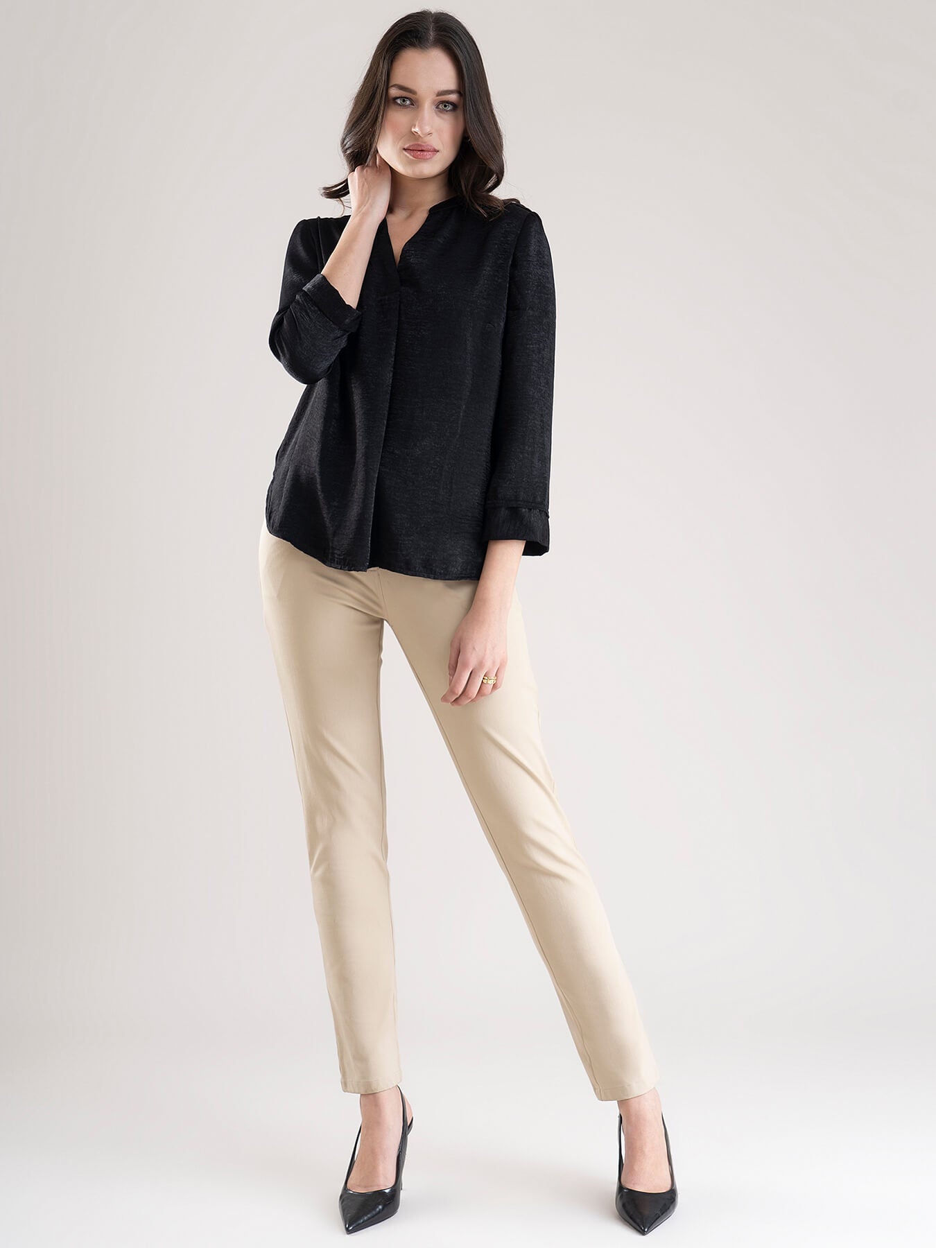 Satin V Neck Front Pleat Top - Black