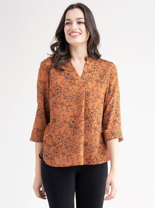 Mandarin V Neck Floral Top - Rust And Black