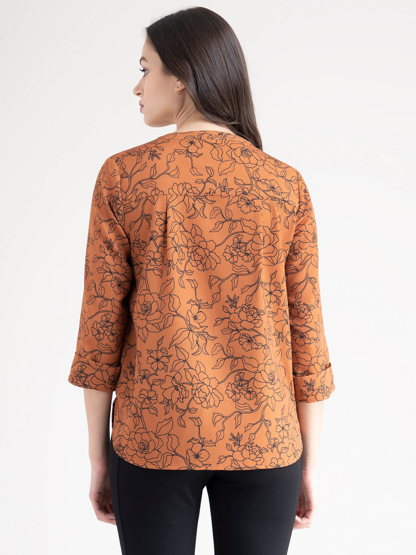 Mandarin V Neck Floral Top - Rust And Black