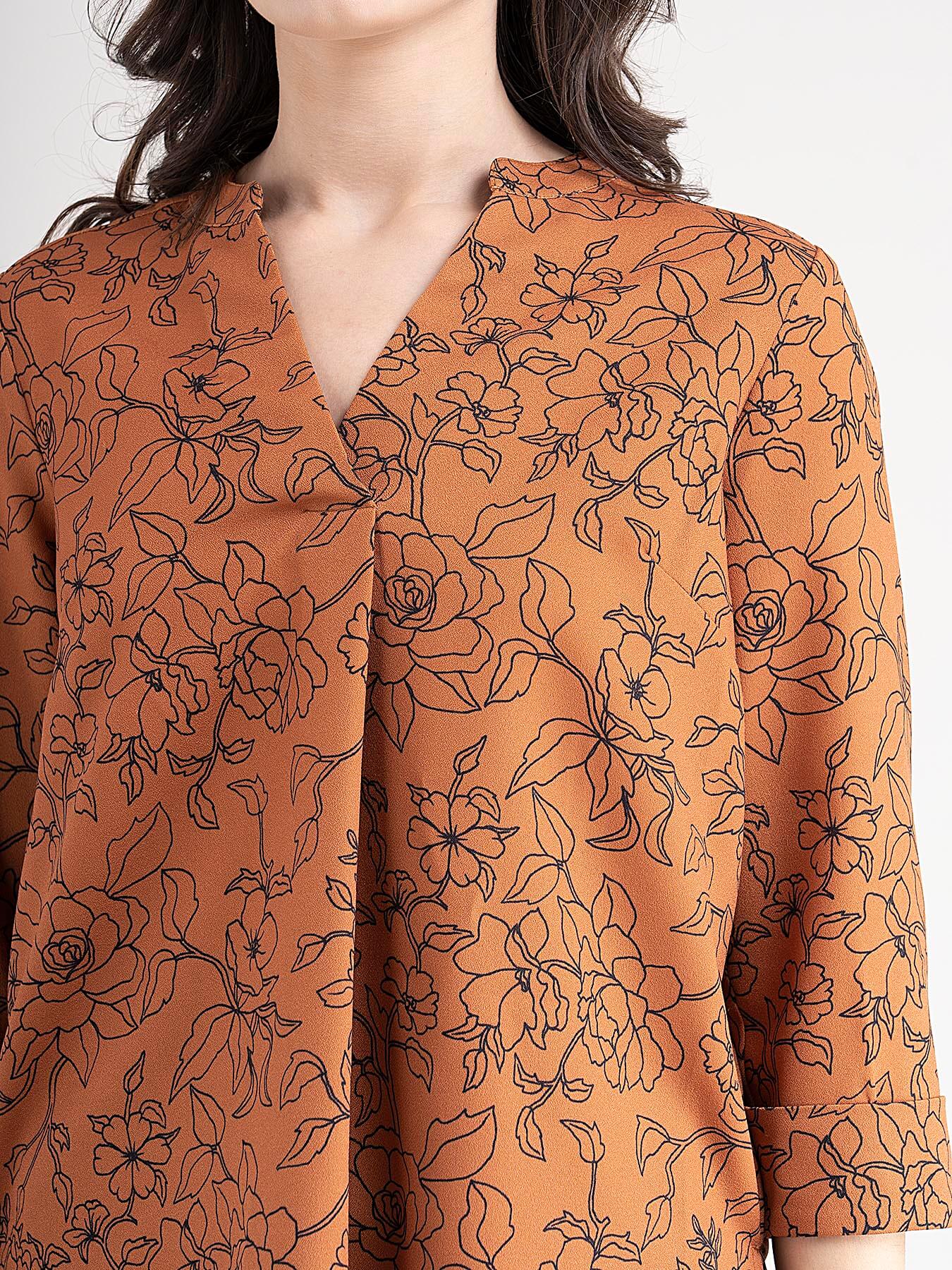 Mandarin V Neck Floral Top - Rust And Black