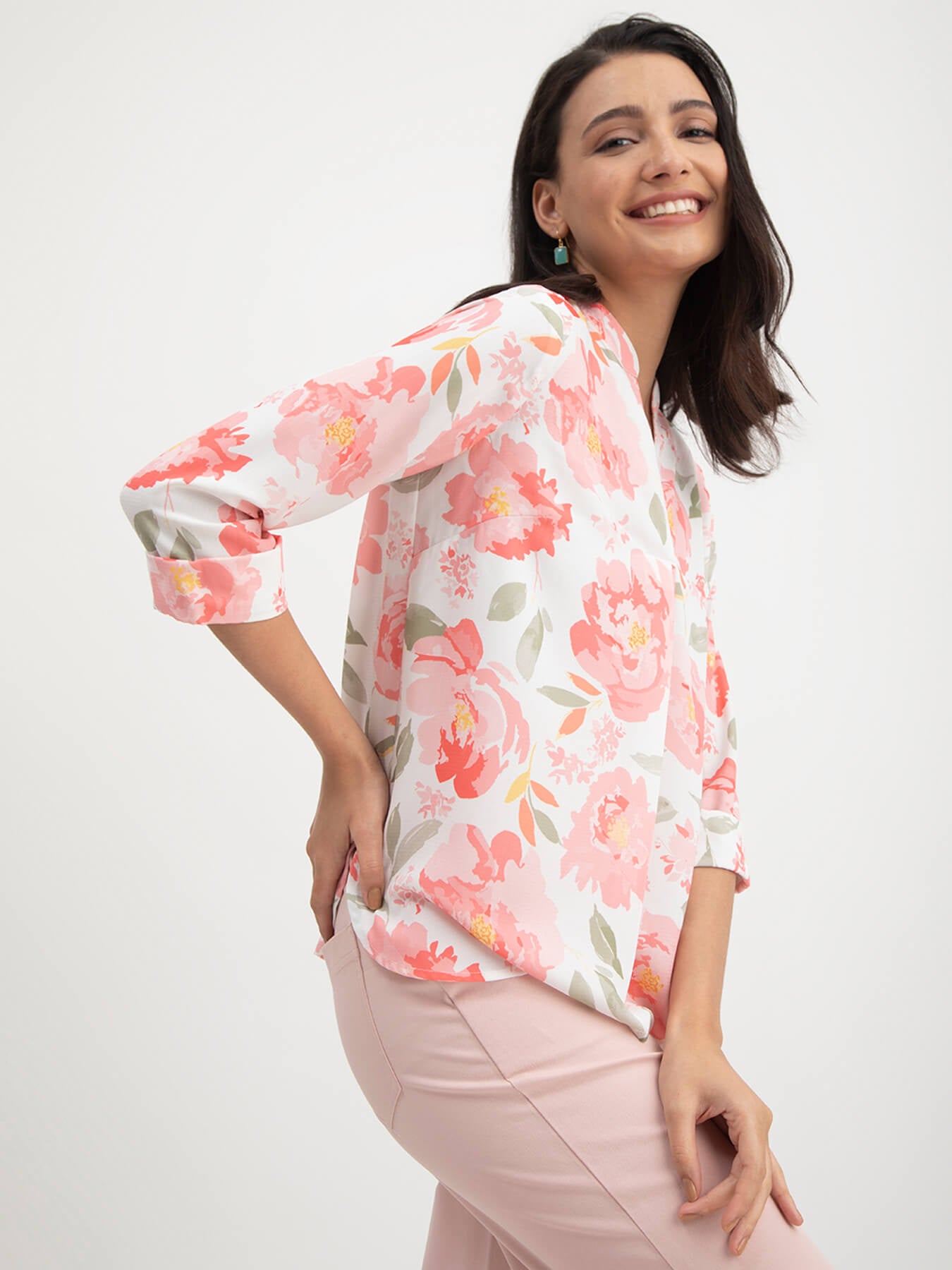 Floral Print Mandarin Neck Top - White And Pink
