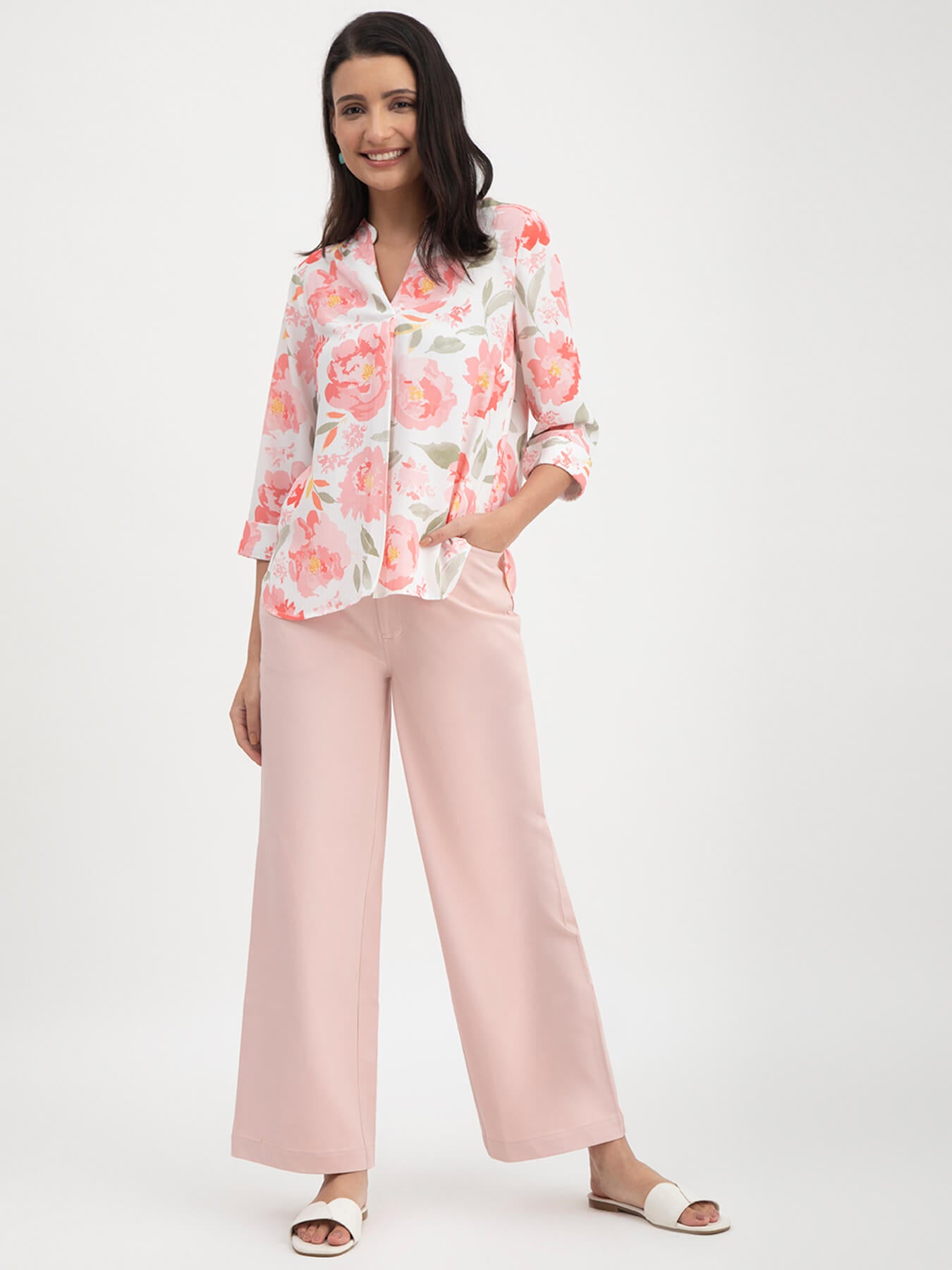 Floral Print Mandarin Neck Top - White And Pink
