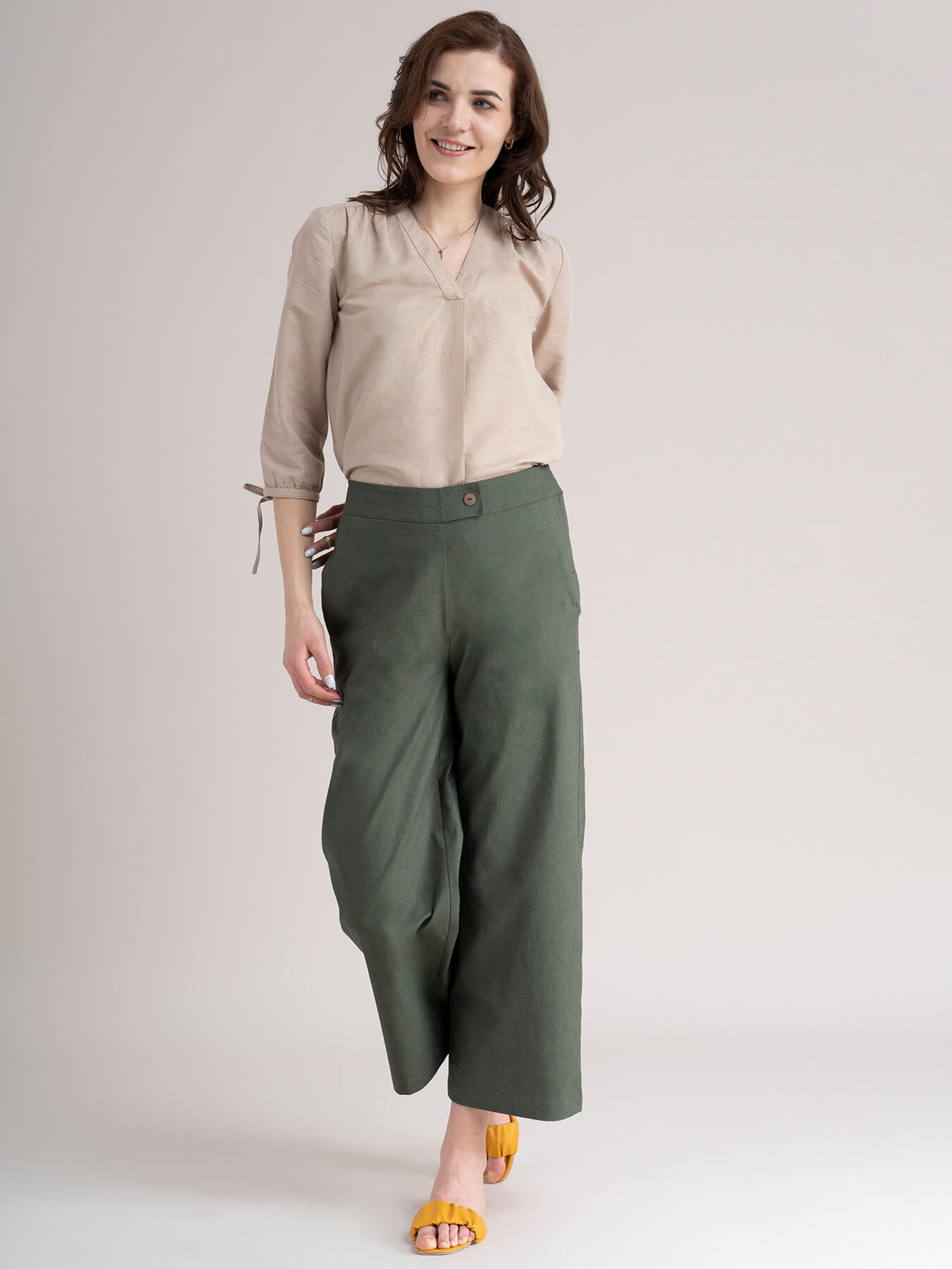 Linen Tie Up Sleeve Top - Beige
