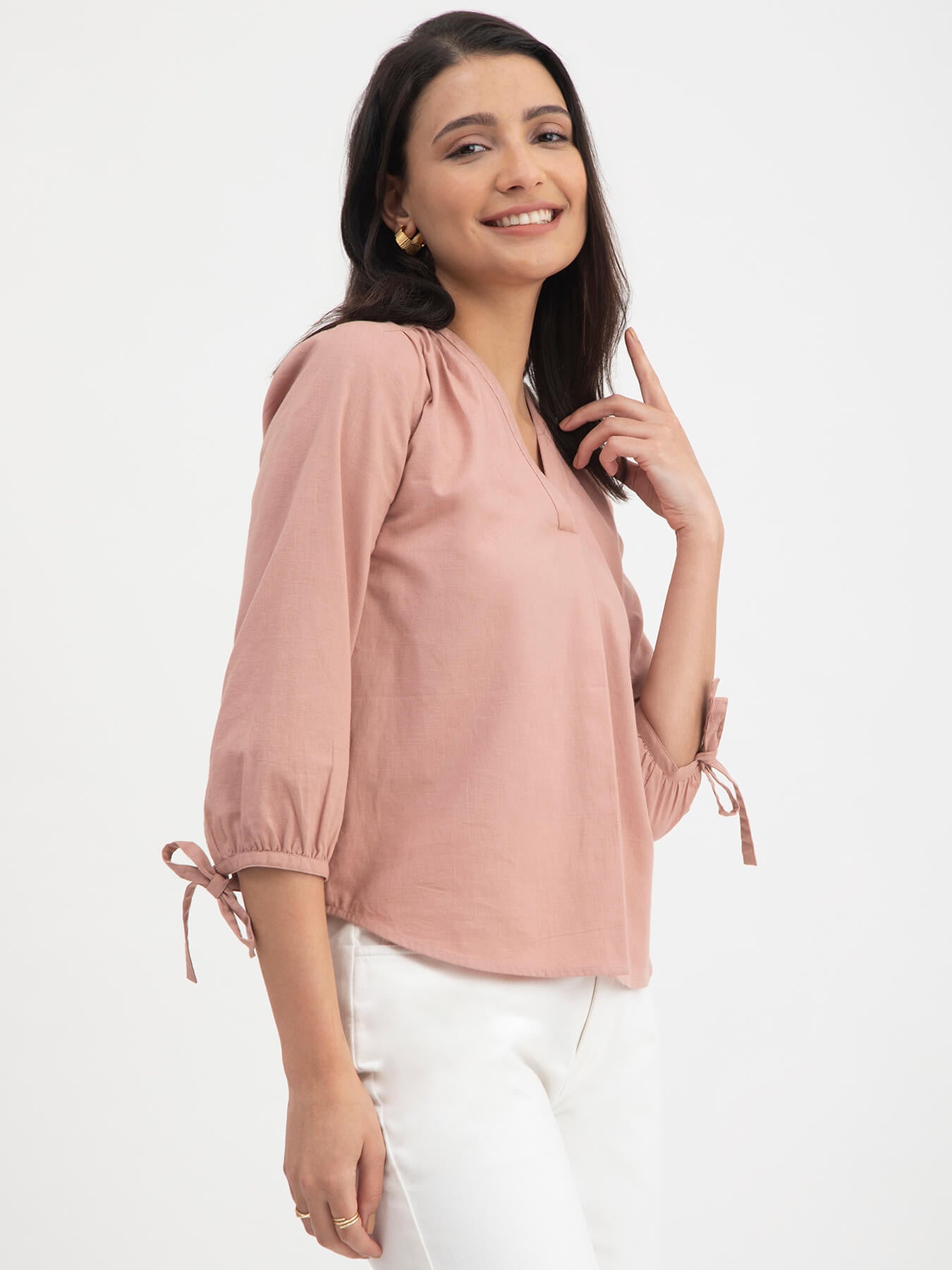 Linen V-Neck Pleated Top - Dusty Pink
