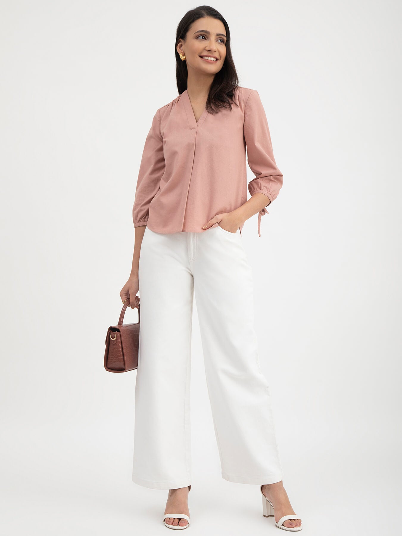 Linen V-Neck Pleated Top - Dusty Pink