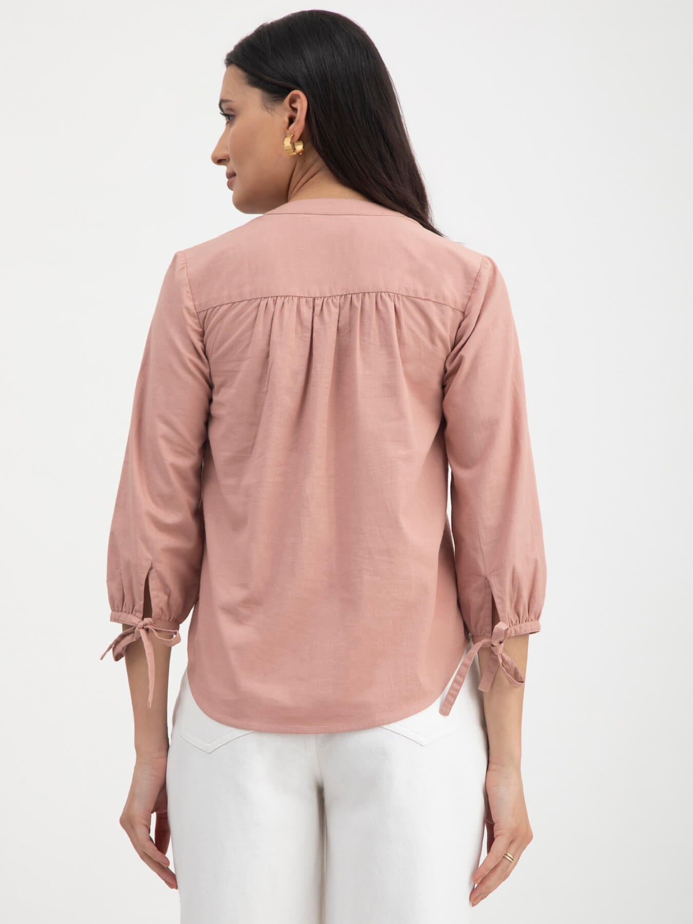 Linen V-Neck Pleated Top - Dusty Pink