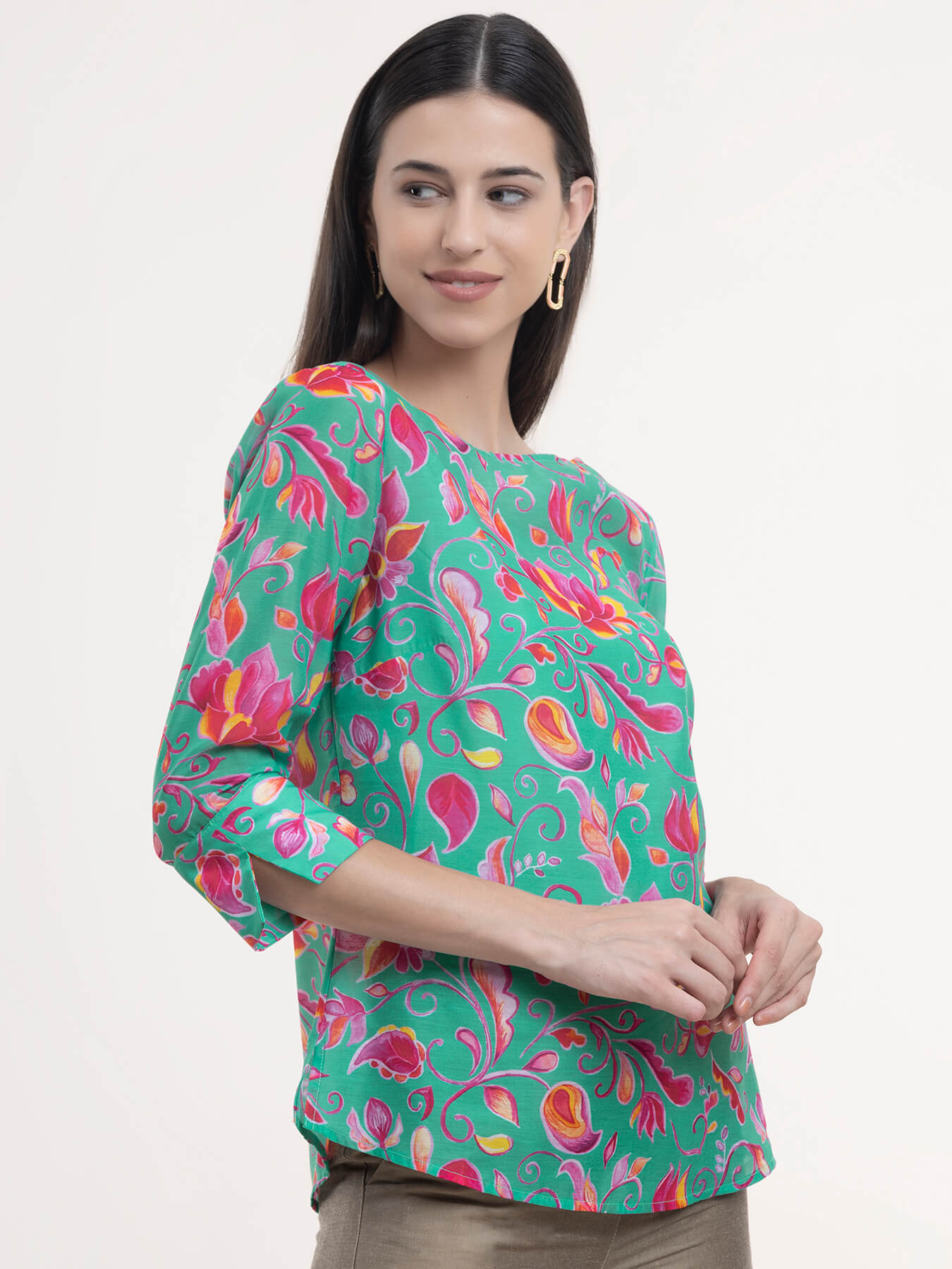 Chanderi Floral Top - Green and Fuchsia