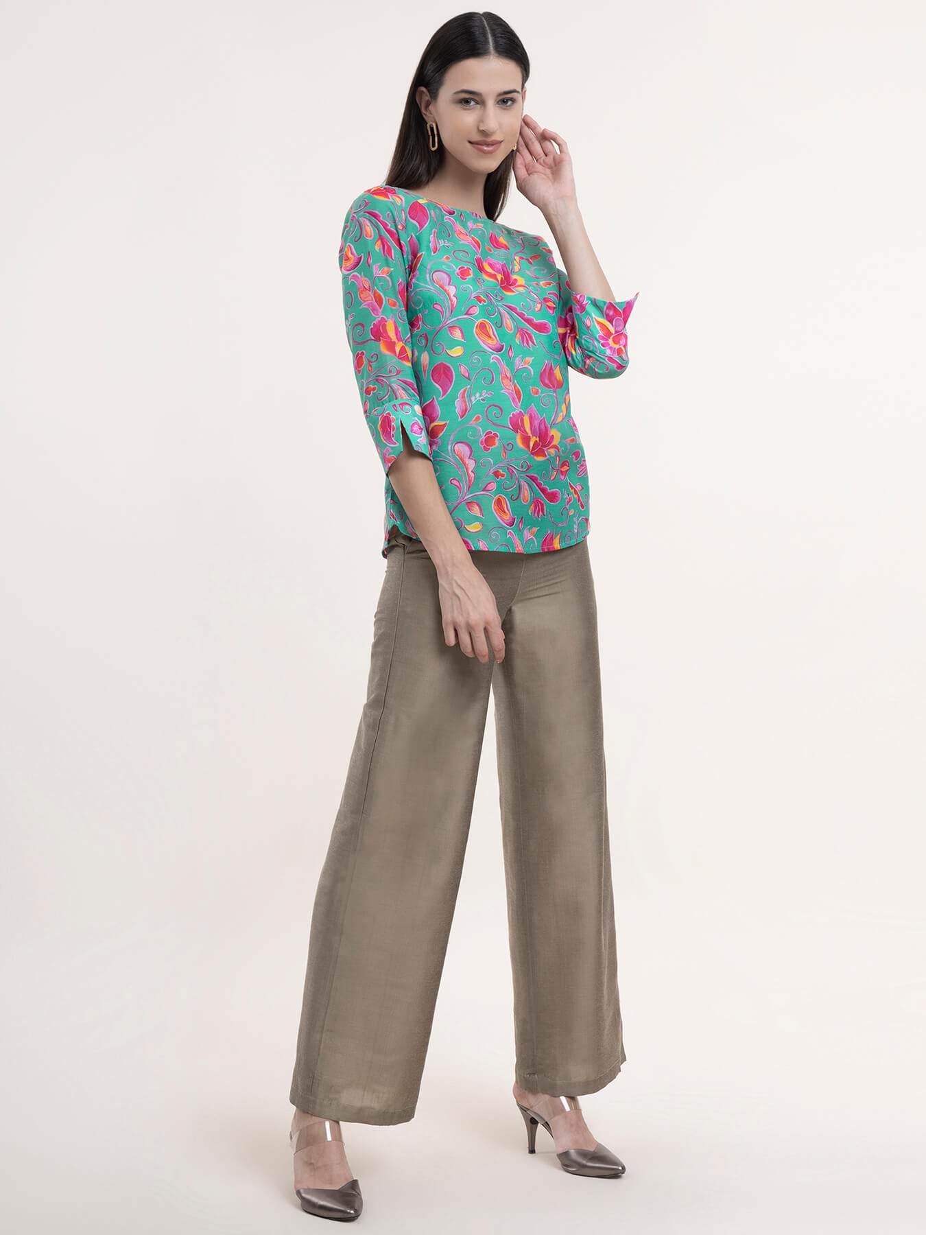 Chanderi Floral Top - Green and Fuchsia
