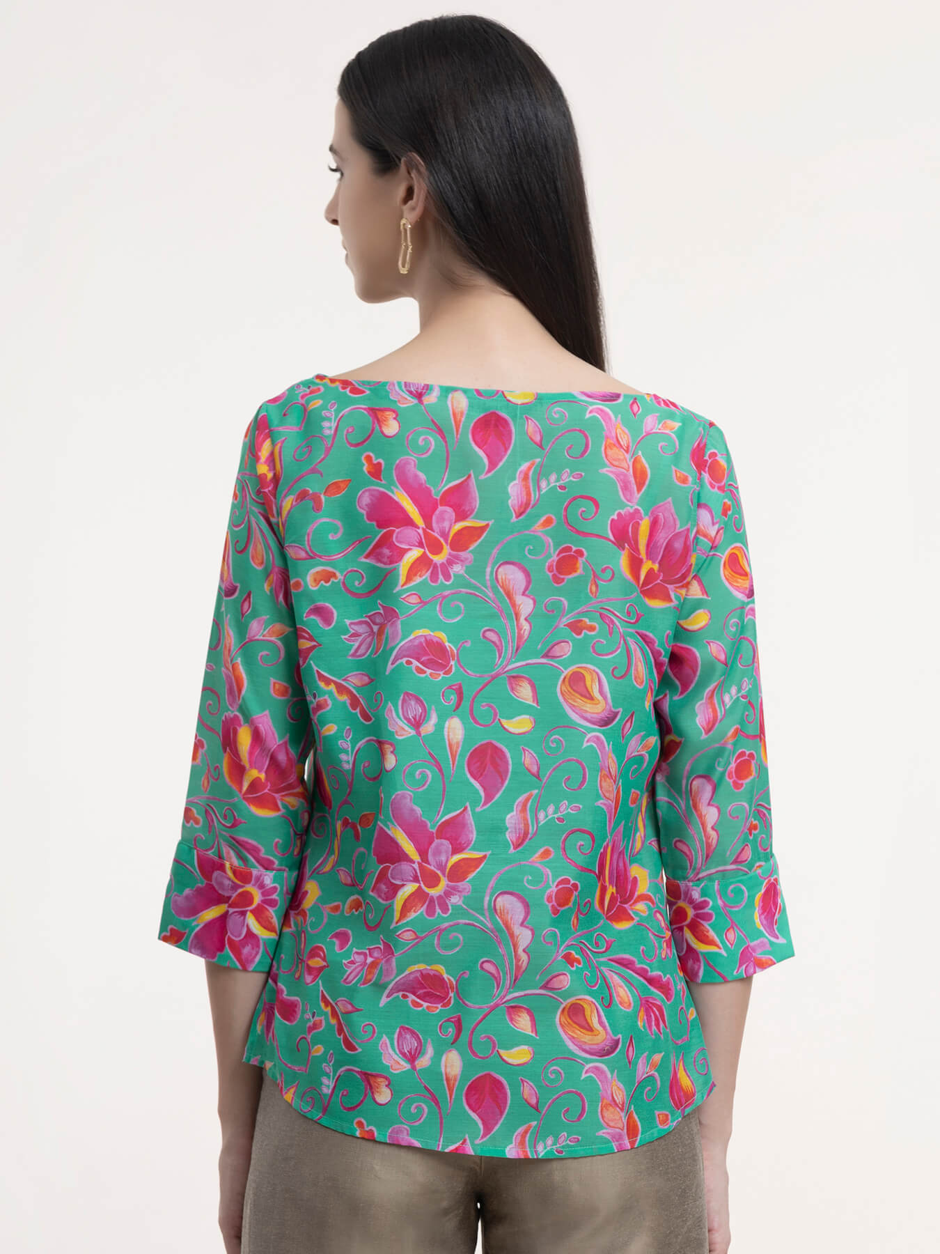 Chanderi Floral Top - Green and Fuchsia