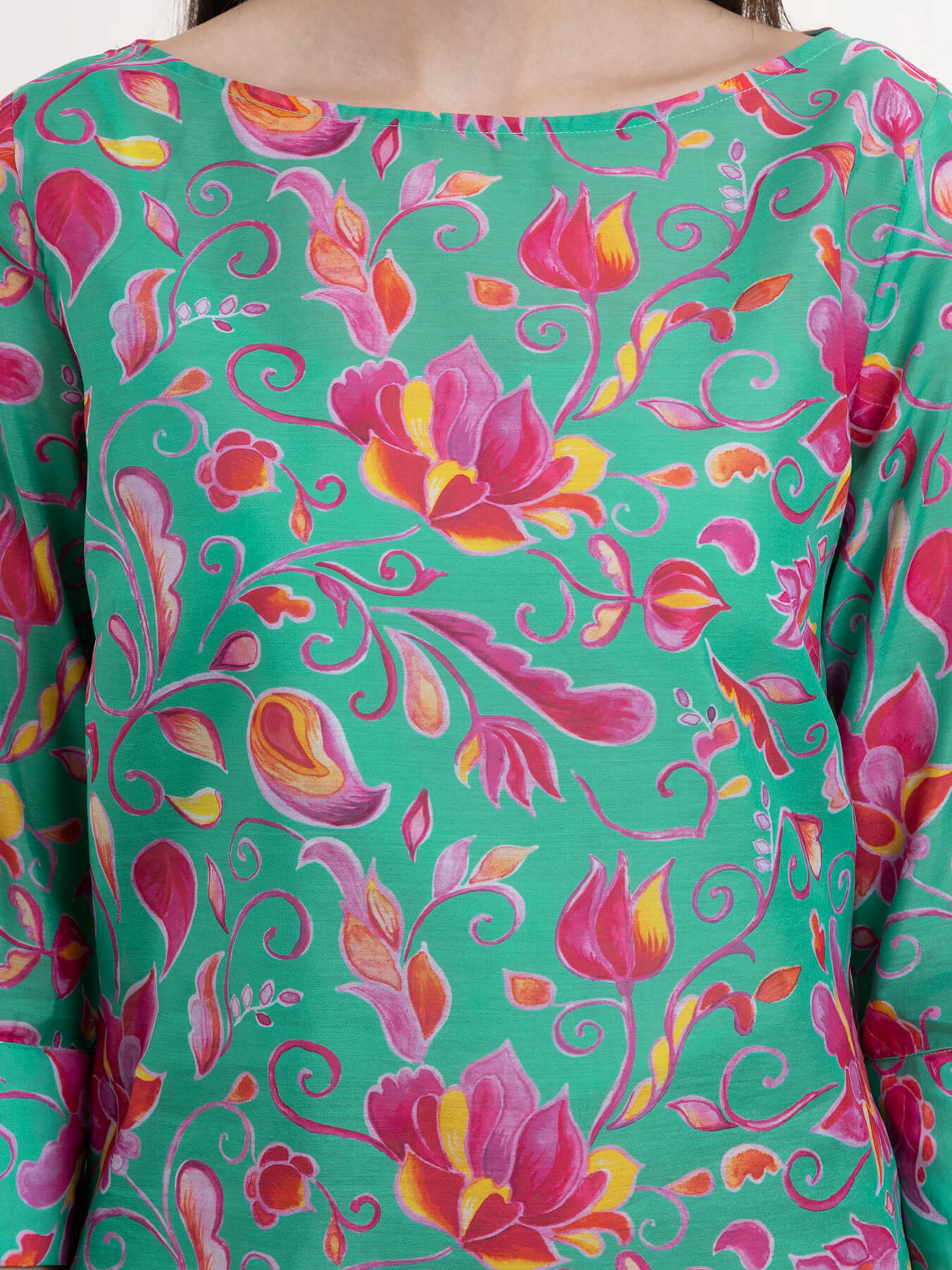 Chanderi Floral Top - Green and Fuchsia