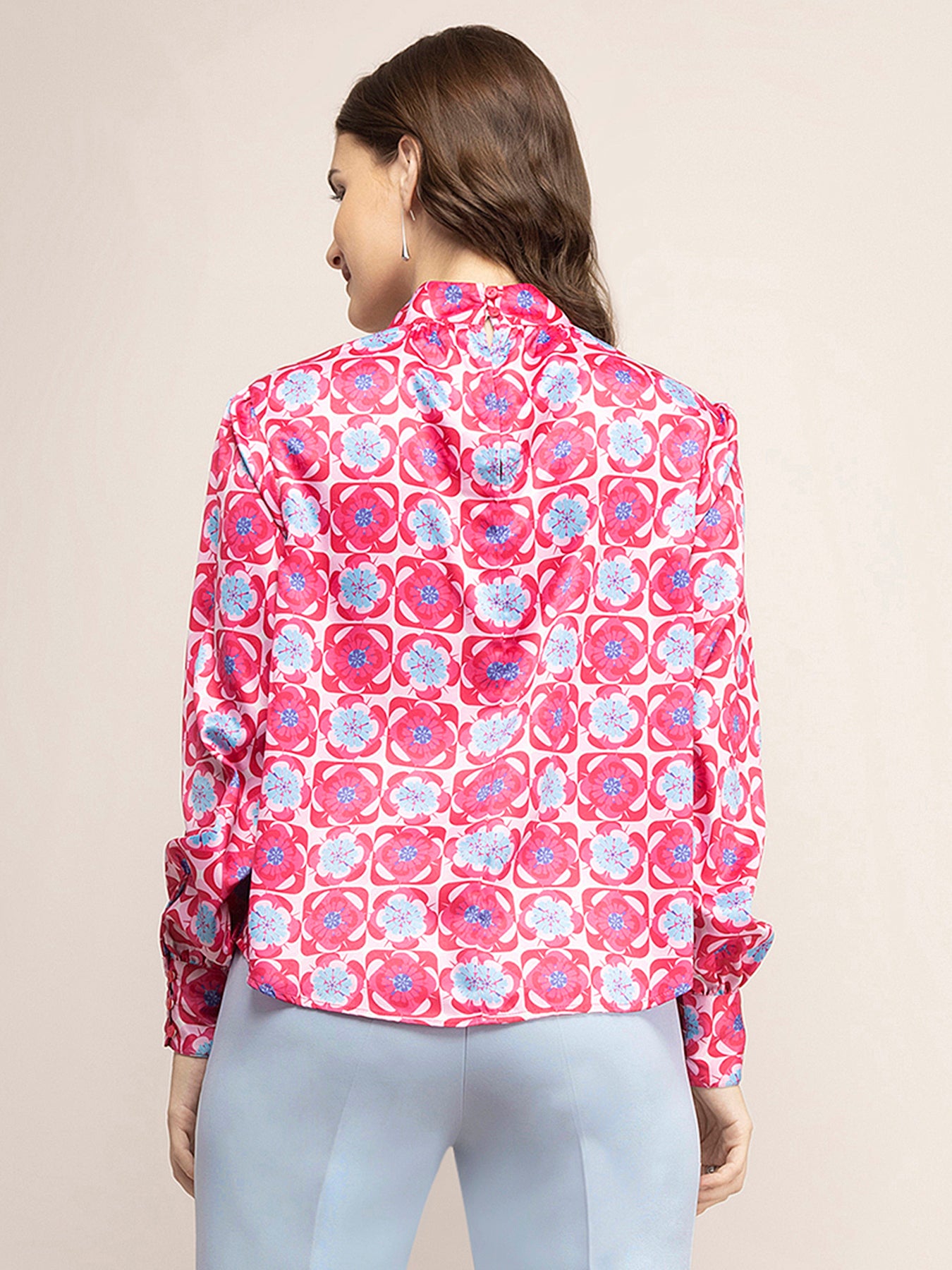 Satin Geometric Print Top - Fuchsia