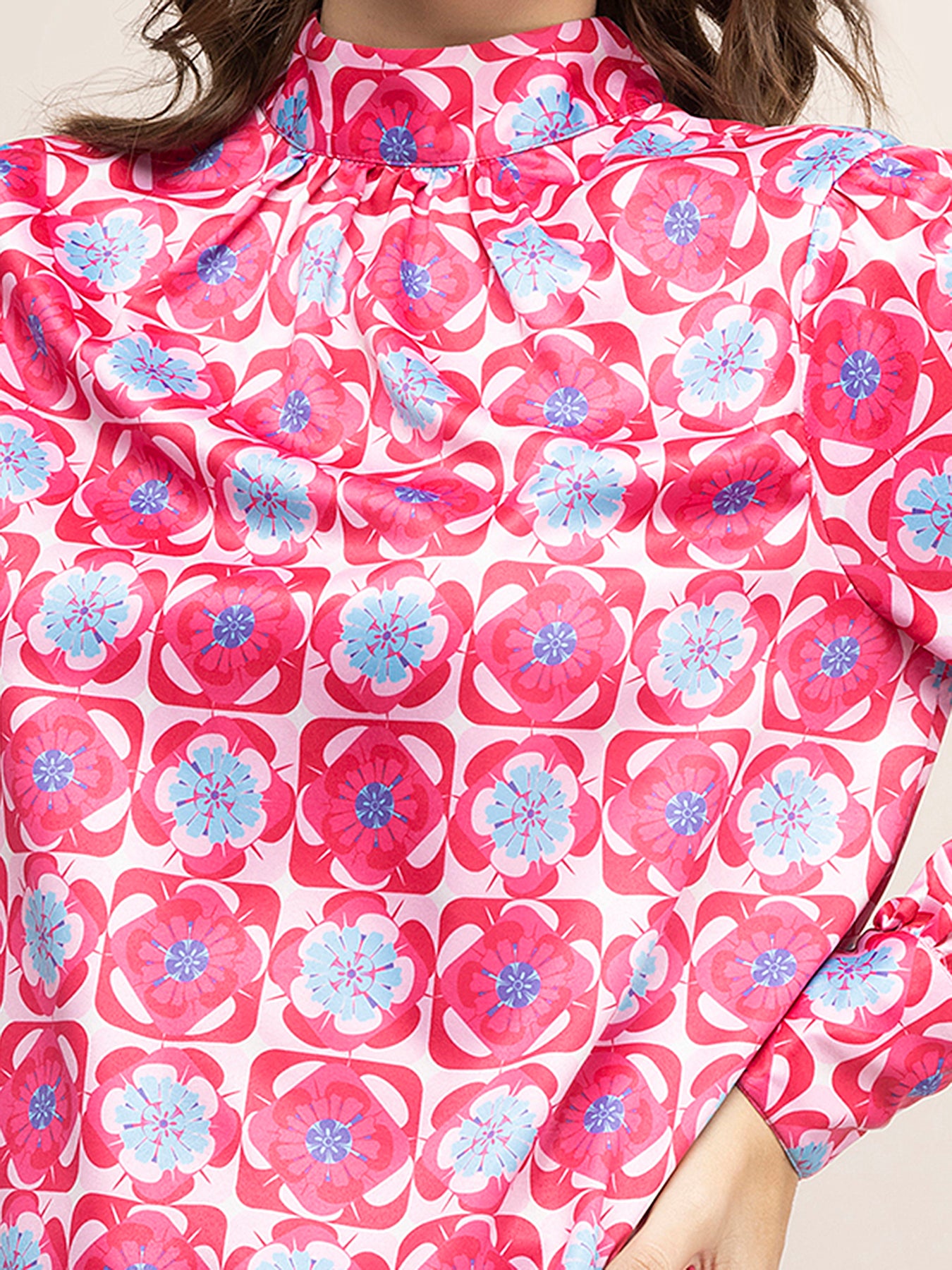 Satin Geometric Print Top - Fuchsia
