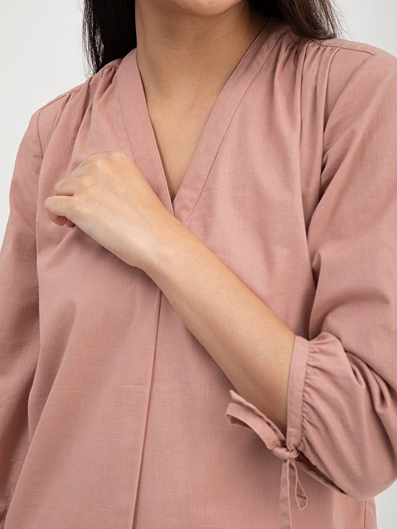 Linen V-Neck Pleated Top - Dusty Pink