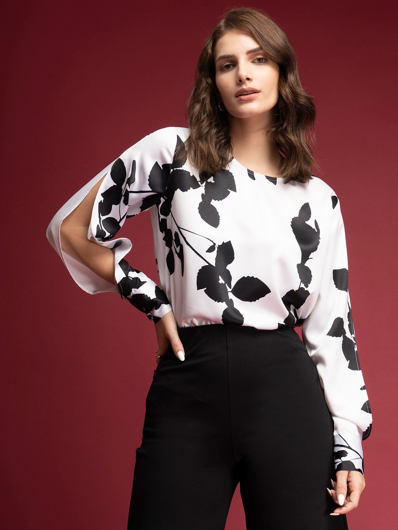 Satin Slit Sleeve Top - White And Black