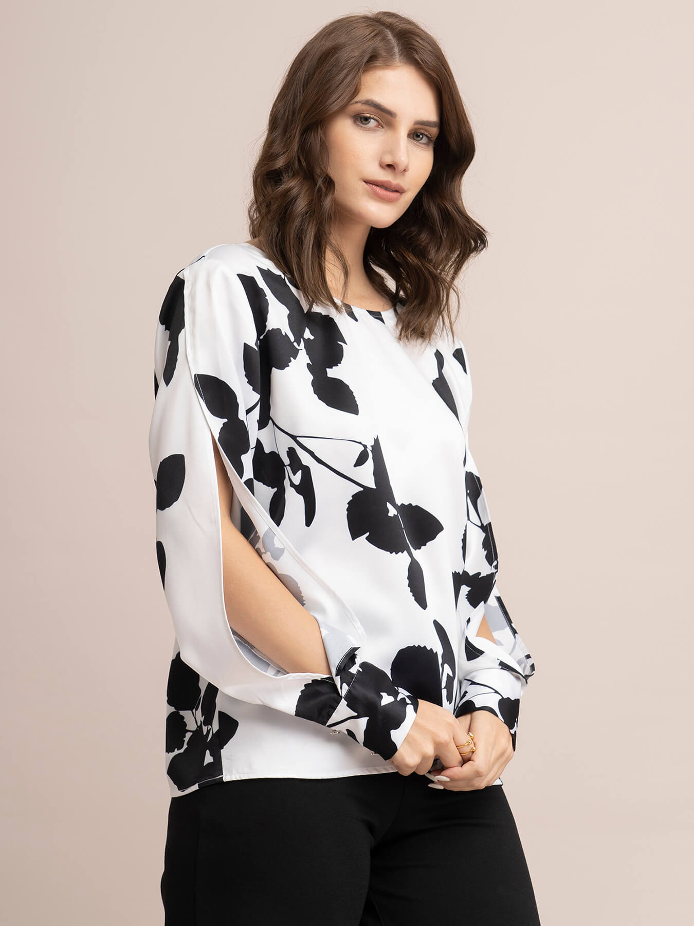 Satin Slit Sleeve Top - White And Black