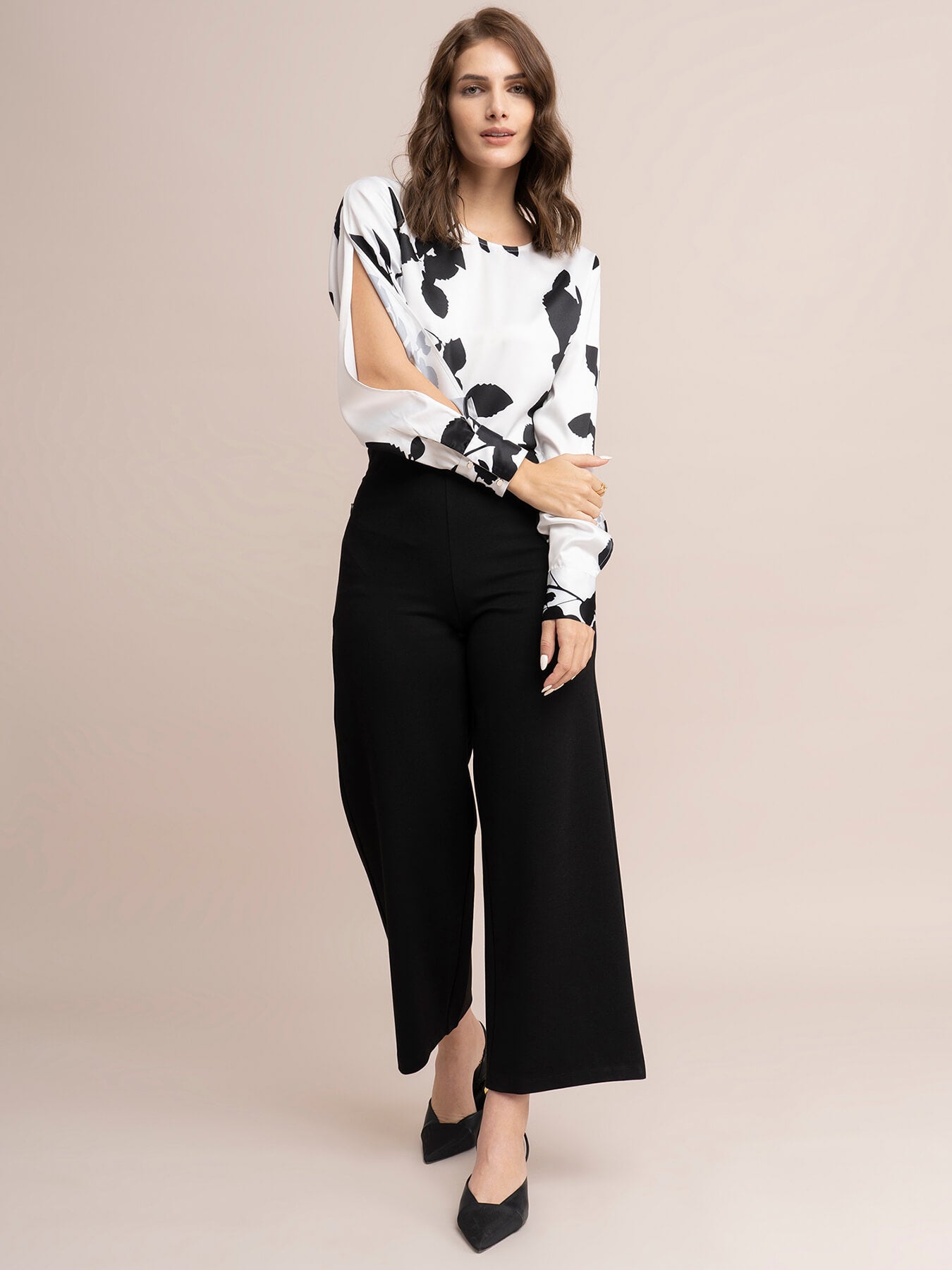 Satin Slit Sleeve Top - White And Black
