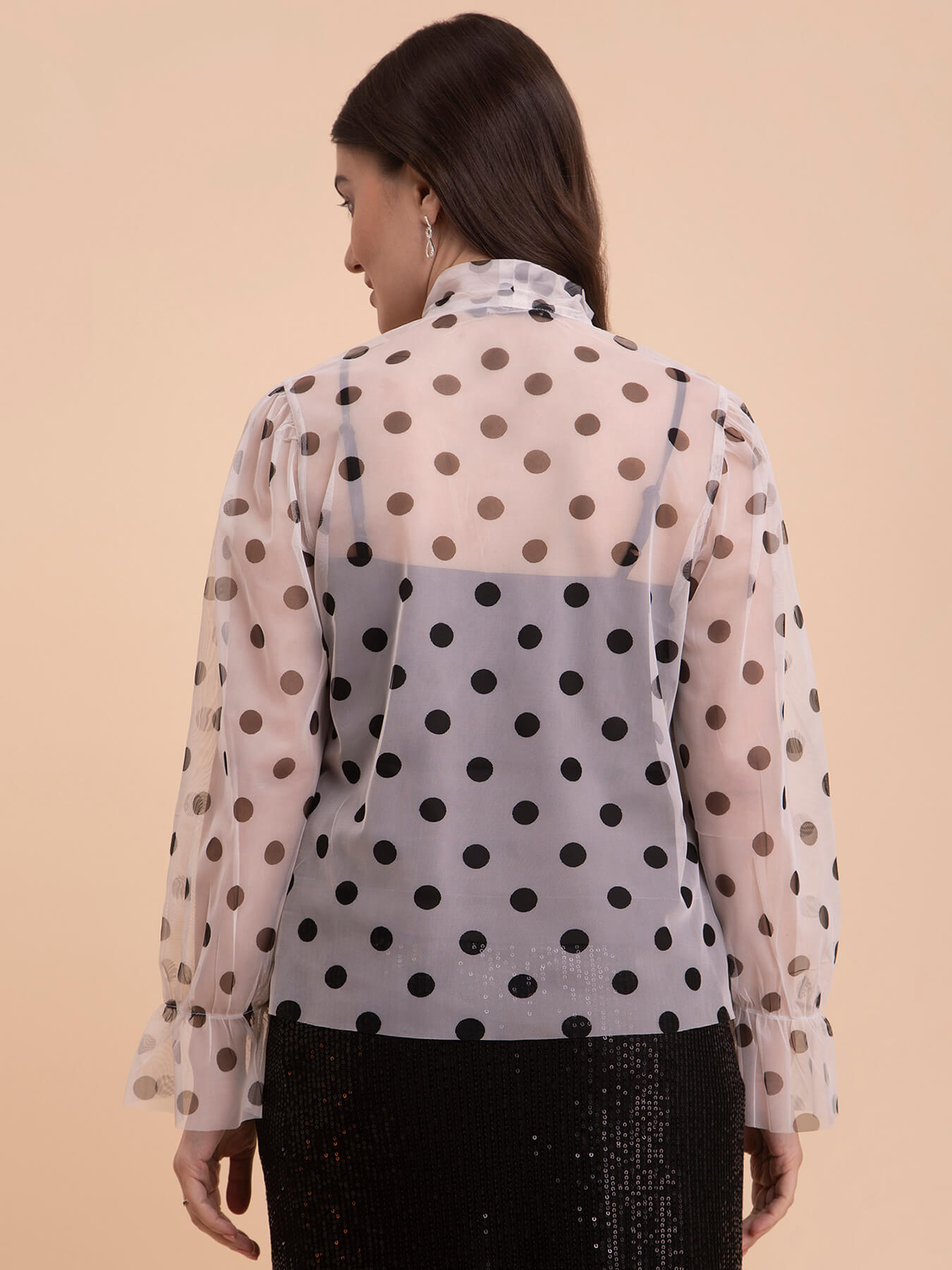 Tie Up Polka Print Net Top - White and Black