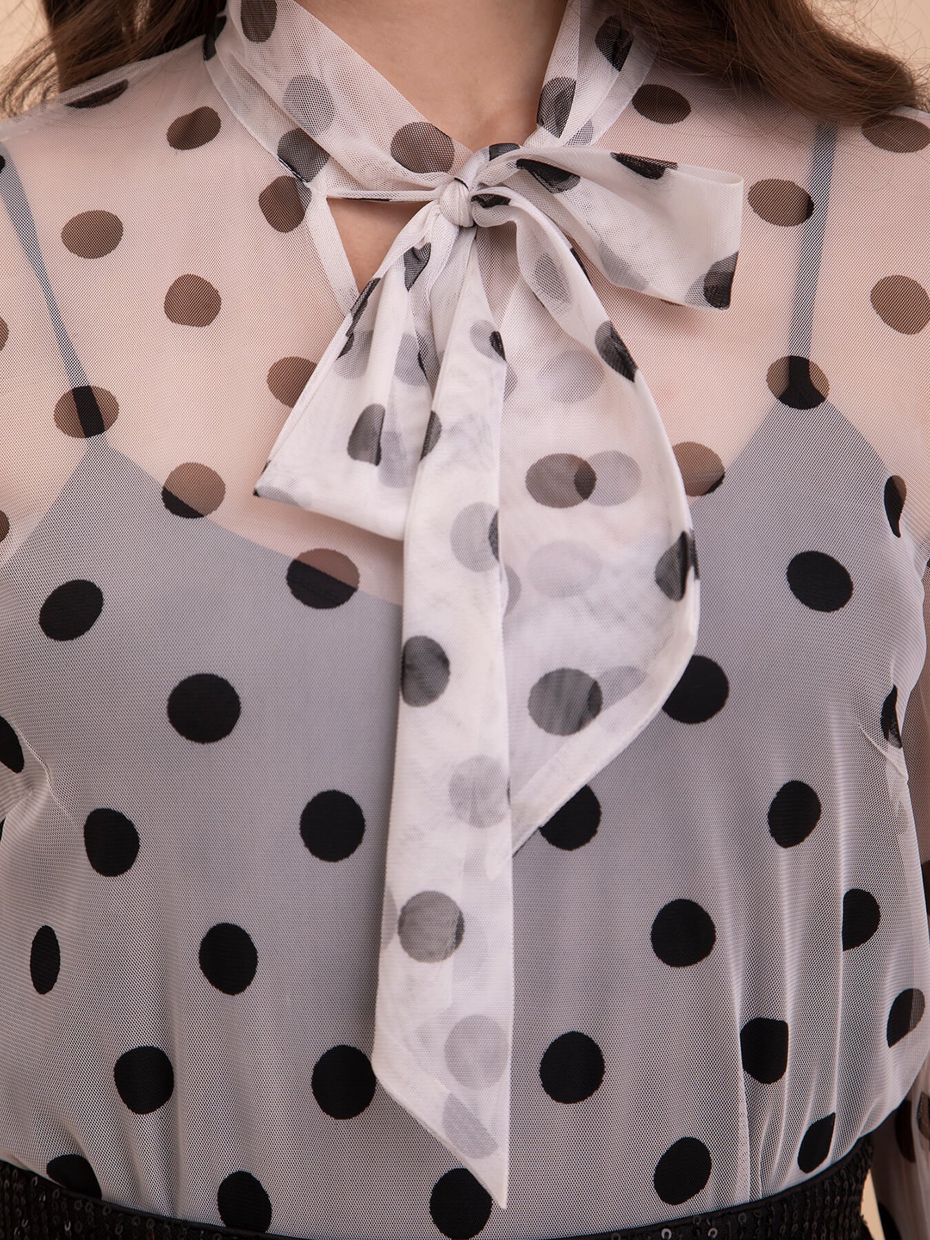 Tie Up Polka Print Net Top - White and Black