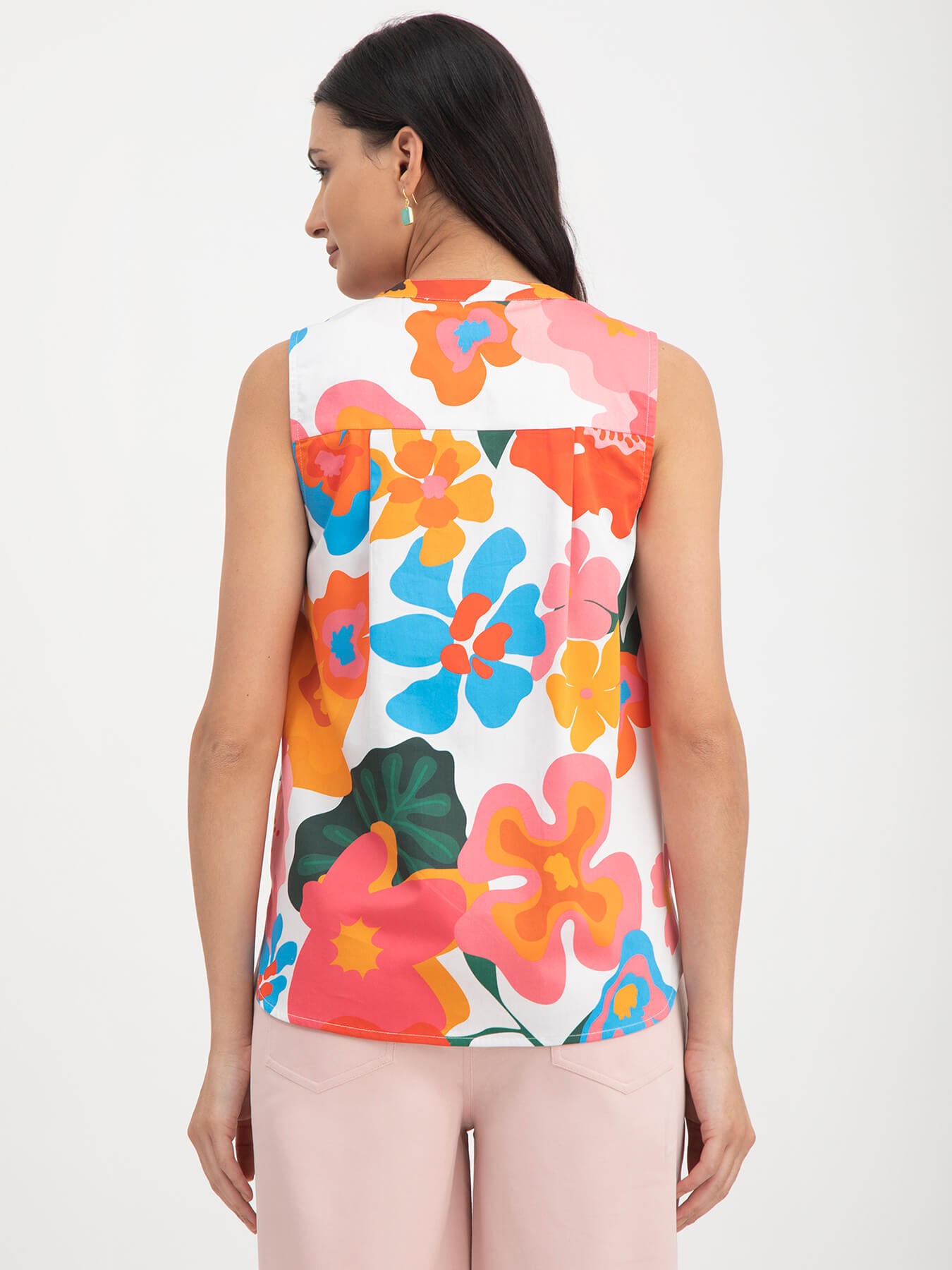 Cotton Satin Floral Print Sleeveless Top - Multicolour