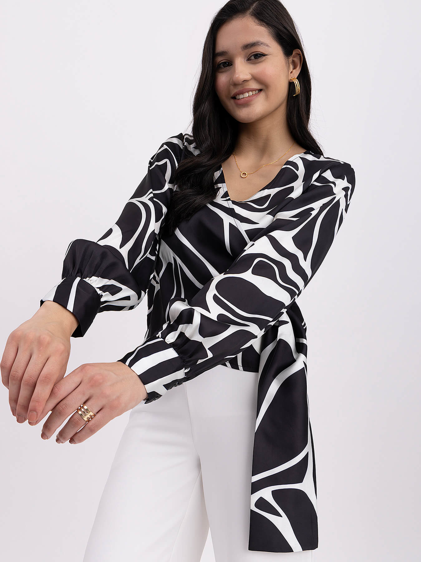 Satin V-Neck Wrap Top - White And Black