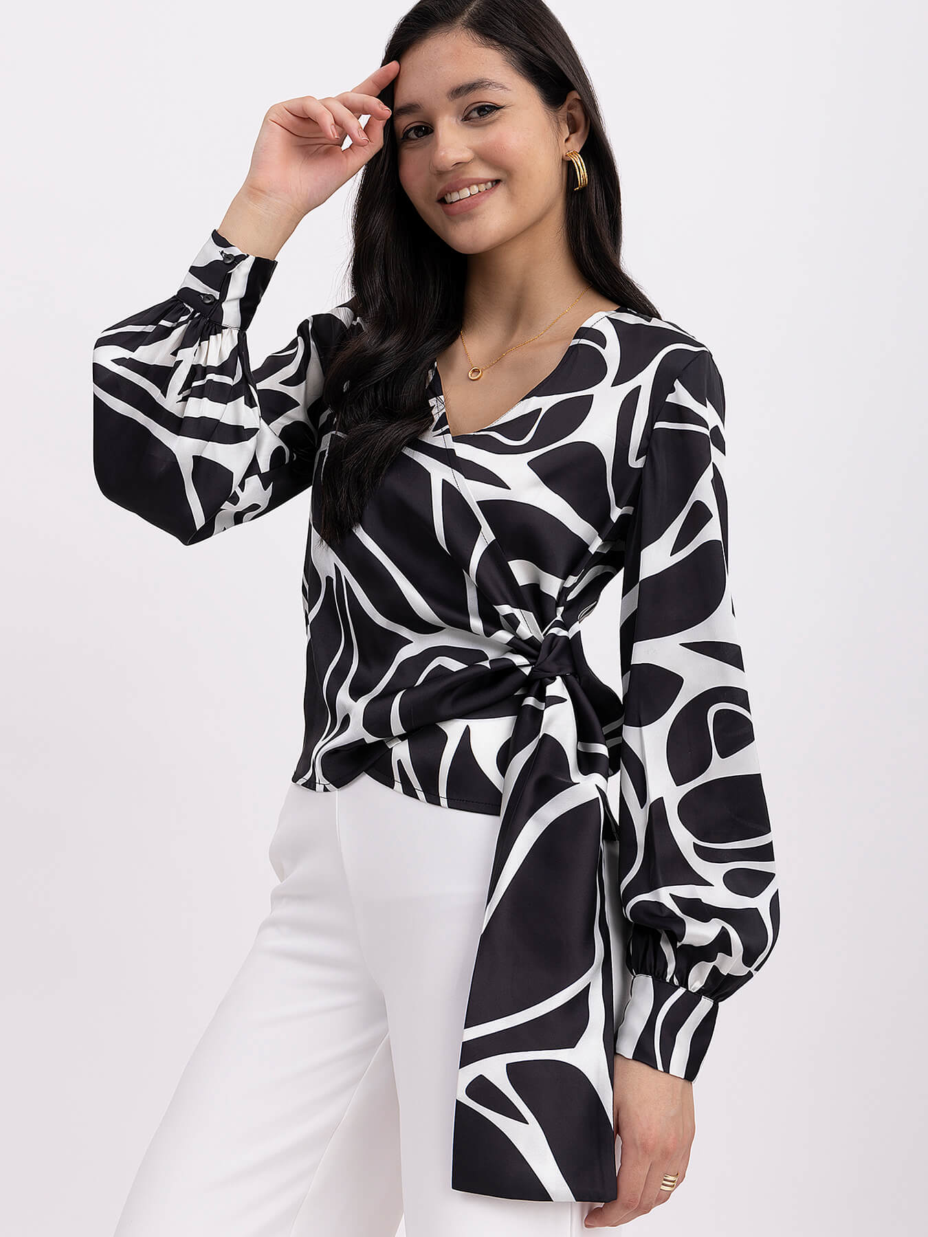 Satin V-Neck Wrap Top - White And Black