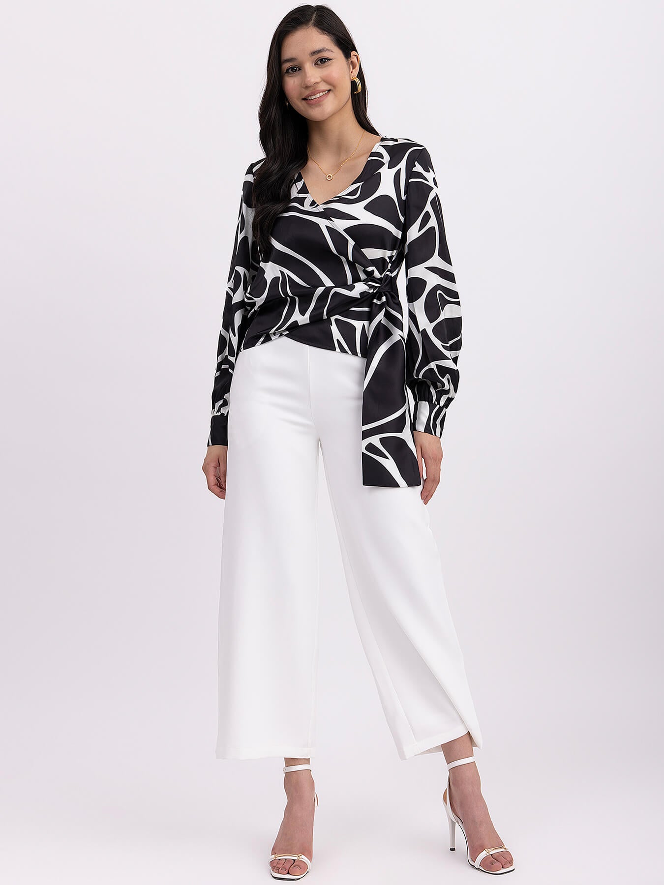 Satin V-Neck Wrap Top - White And Black
