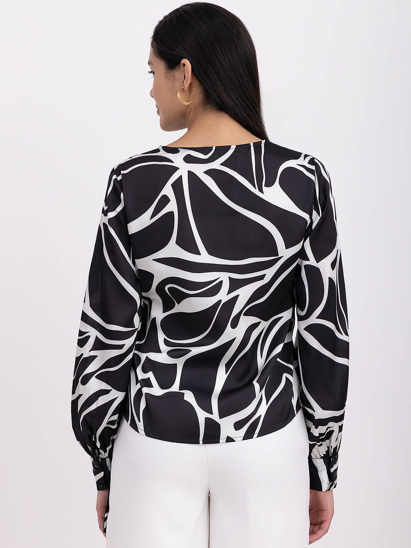 Satin V-Neck Wrap Top - White And Black