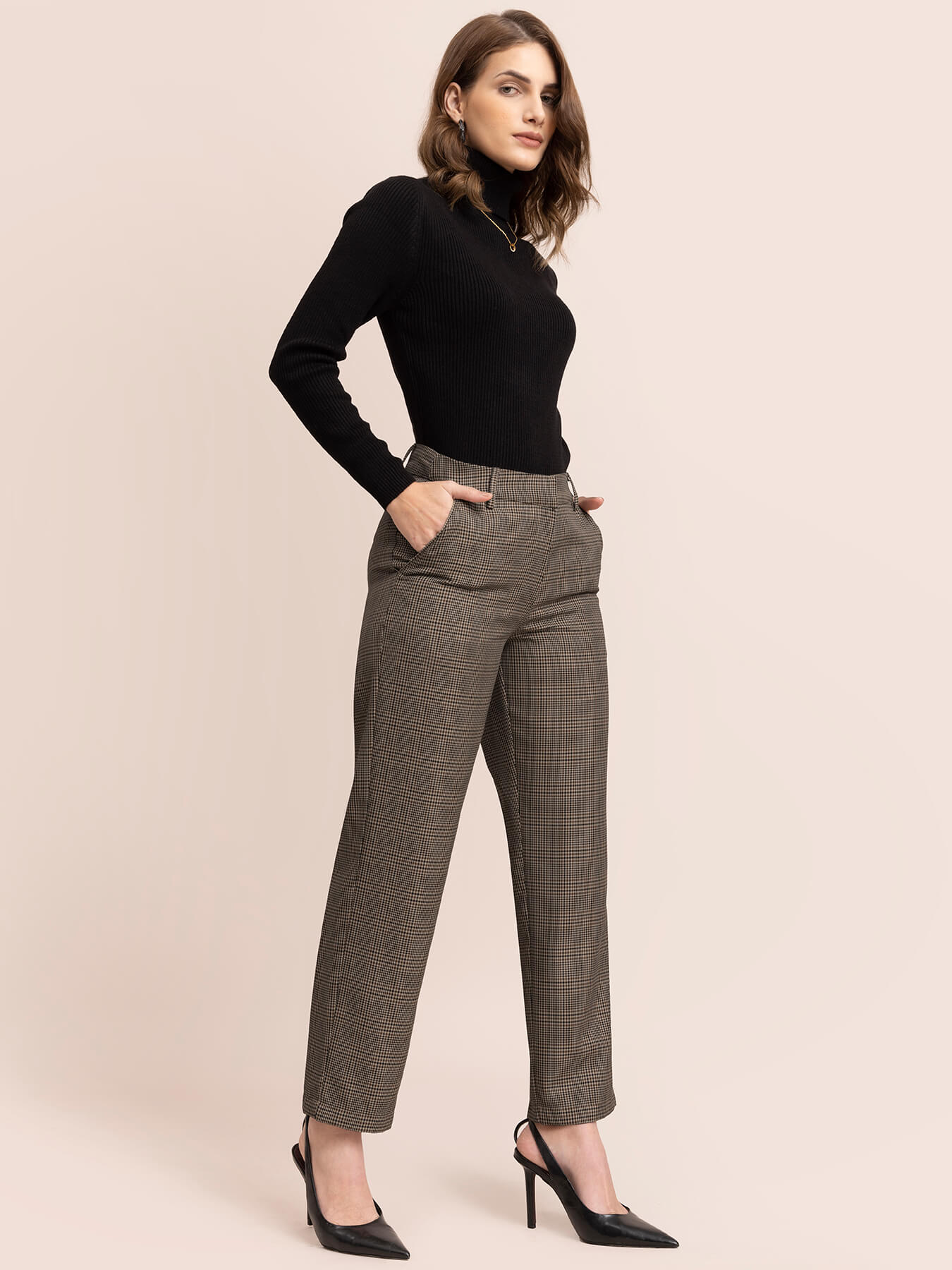 Check Straight Trousers - Brown and Black| Formal Trousers