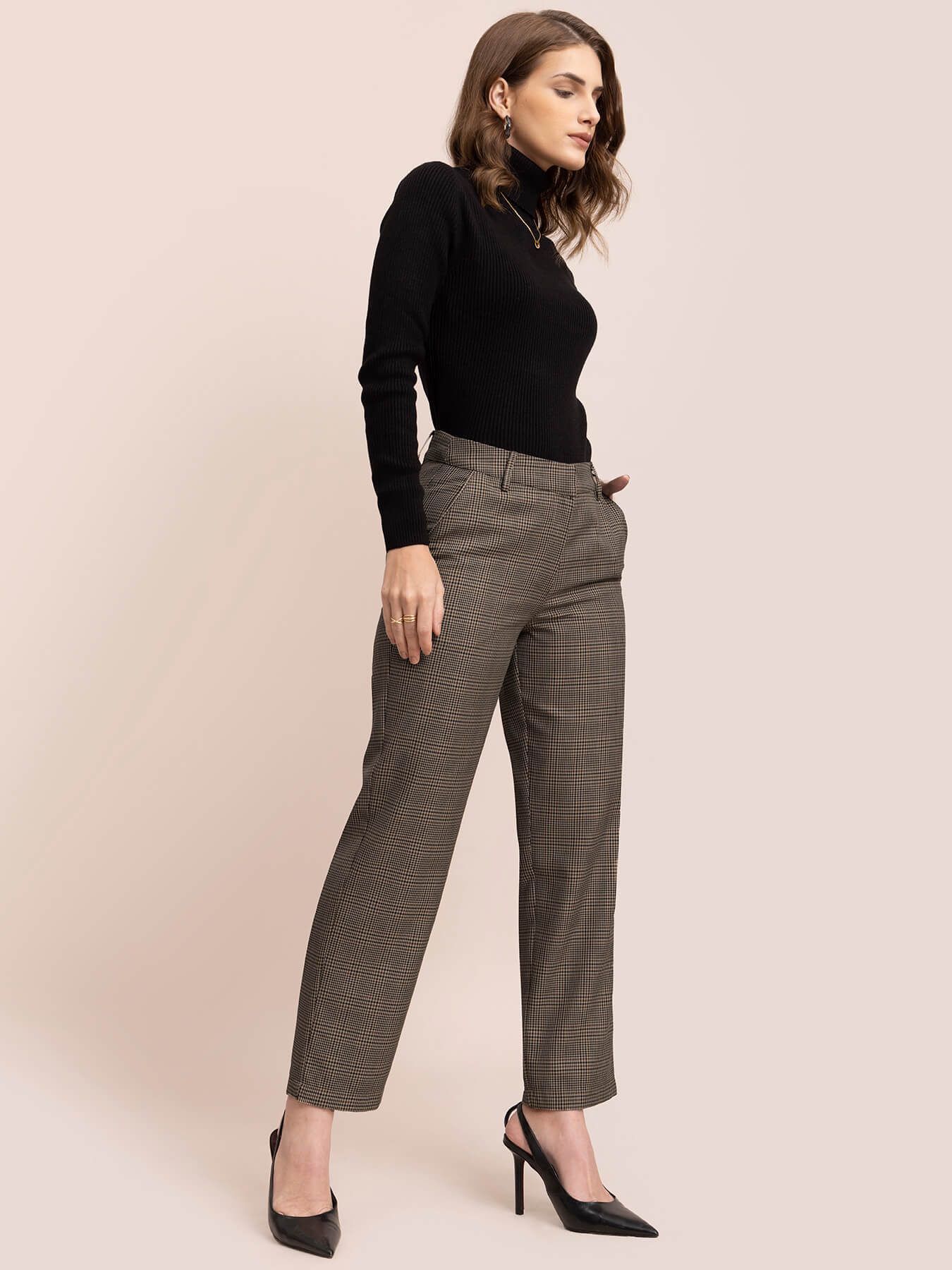 Check Straight Trousers - Brown and Black| Formal Trousers