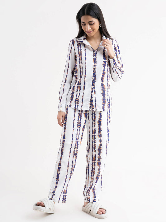 Shibori Print Drawstring Trousers - White & Blue