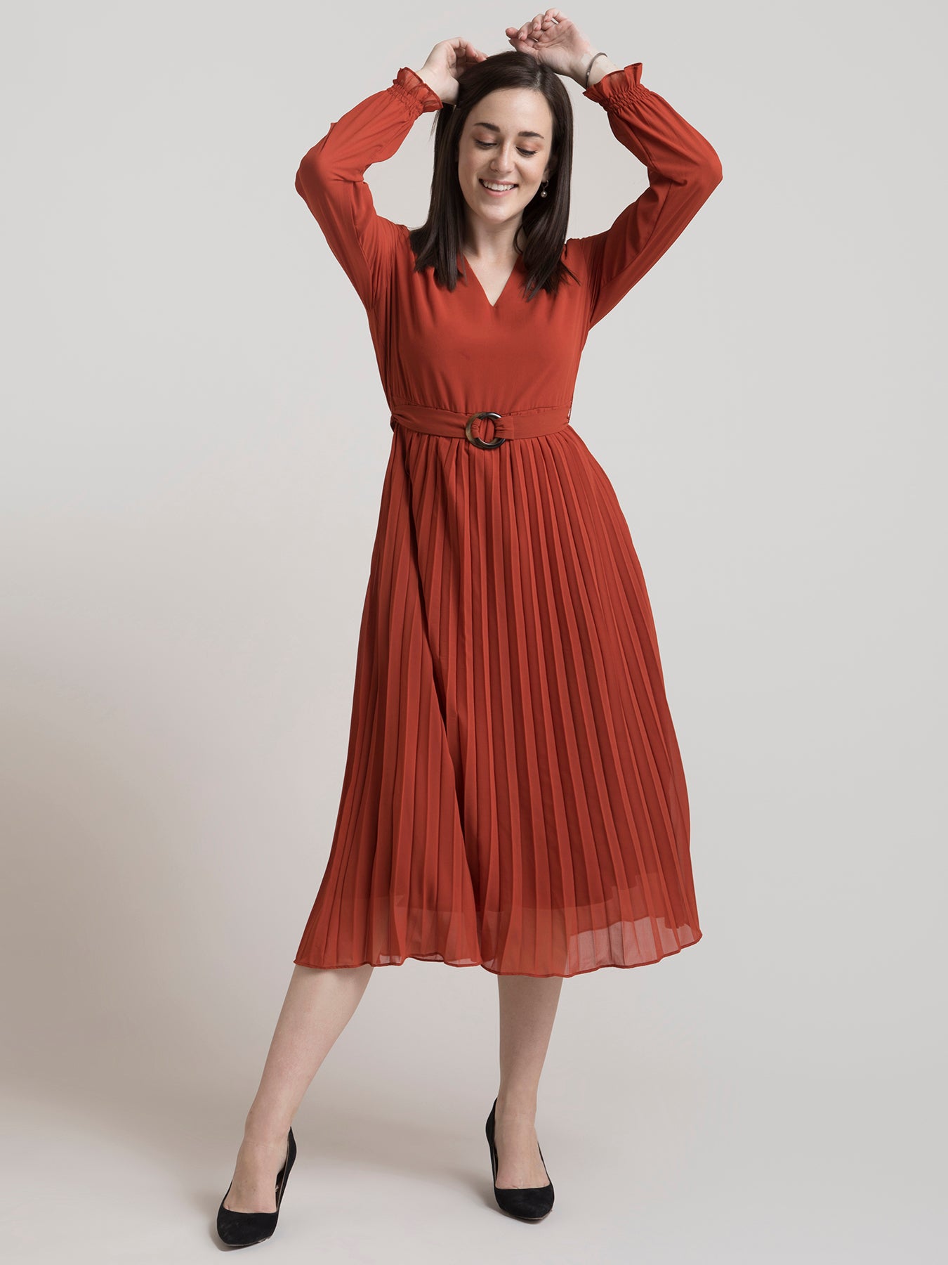 V Neck Pleated Fit and Flare Dress - Rust| Formal Dresses