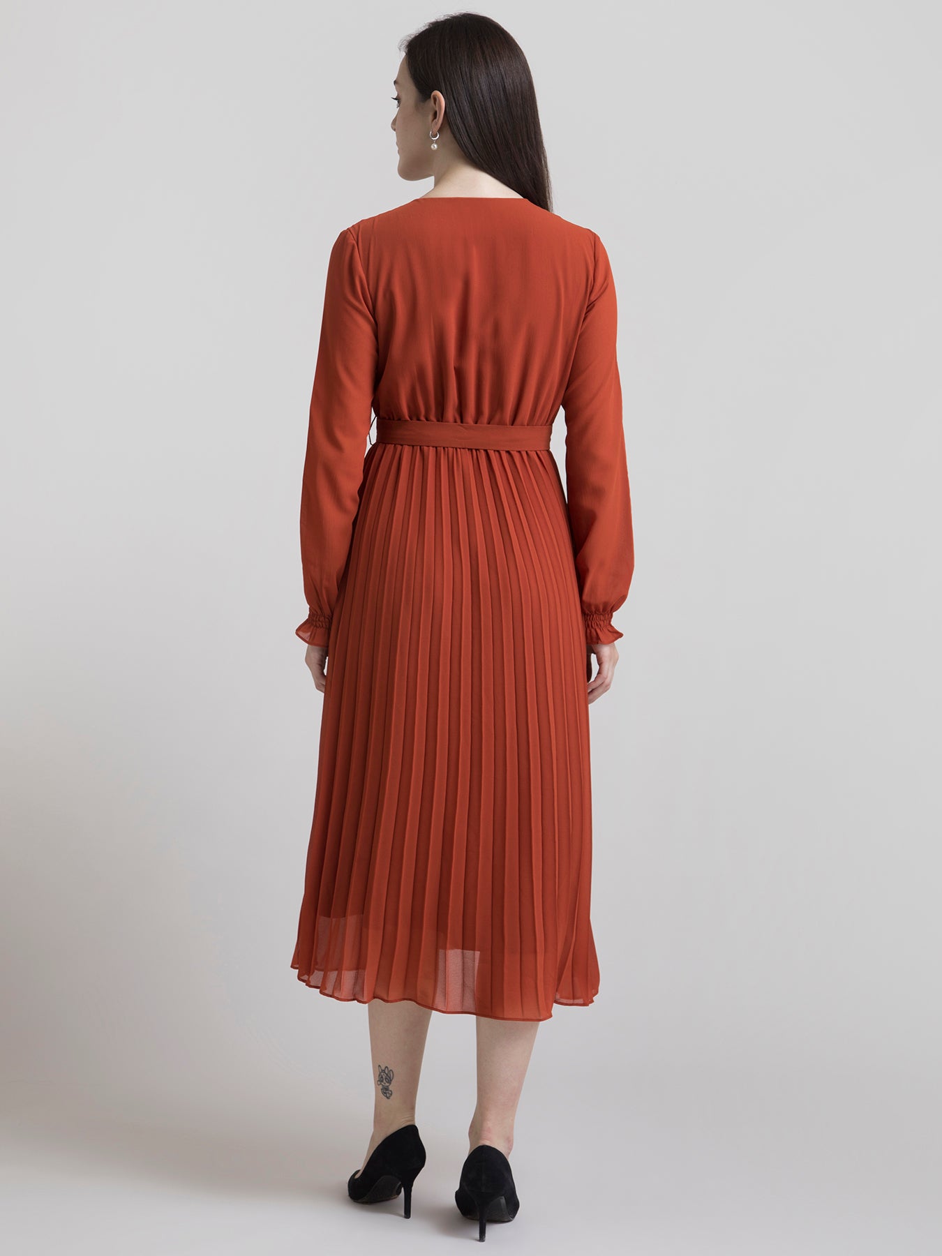 V Neck Pleated Fit and Flare Dress - Rust| Formal Dresses