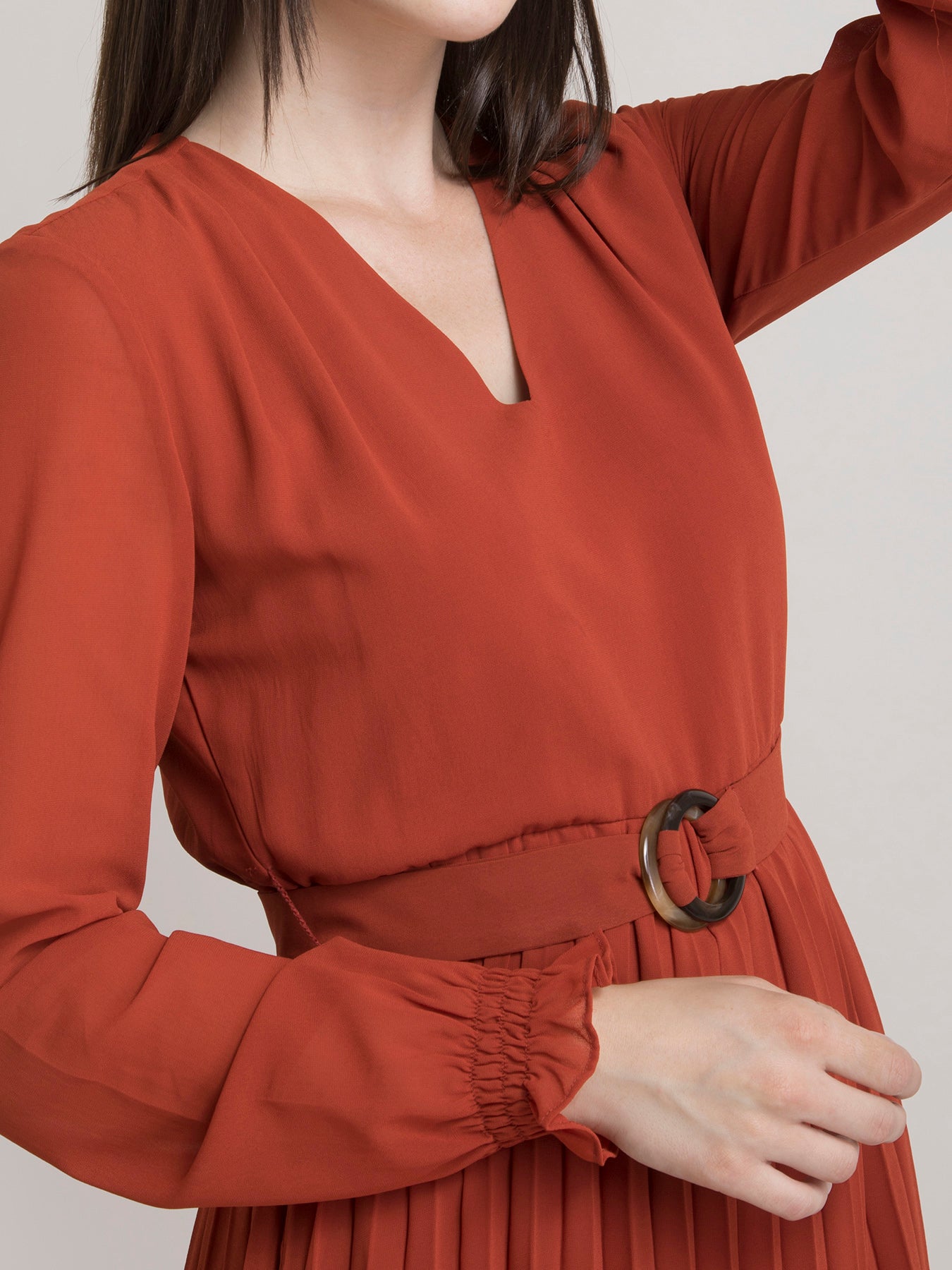 V Neck Pleated Fit and Flare Dress - Rust| Formal Dresses