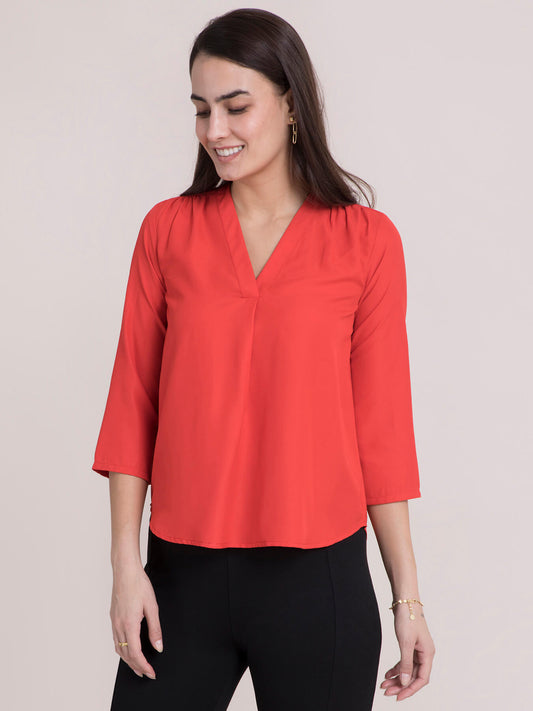 V Neck Pleated Top - Coral